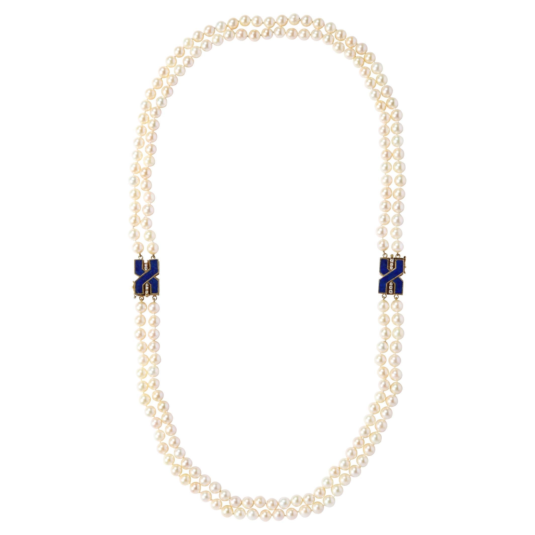 Modernist Bold Double Stand Pearl Necklace with Lapis, Gold and Diamond Clasps