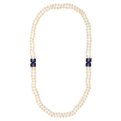 Antique Modernist Bold Double Stand Pearl Necklace with Lapis, Gold and Diamond Clasps
