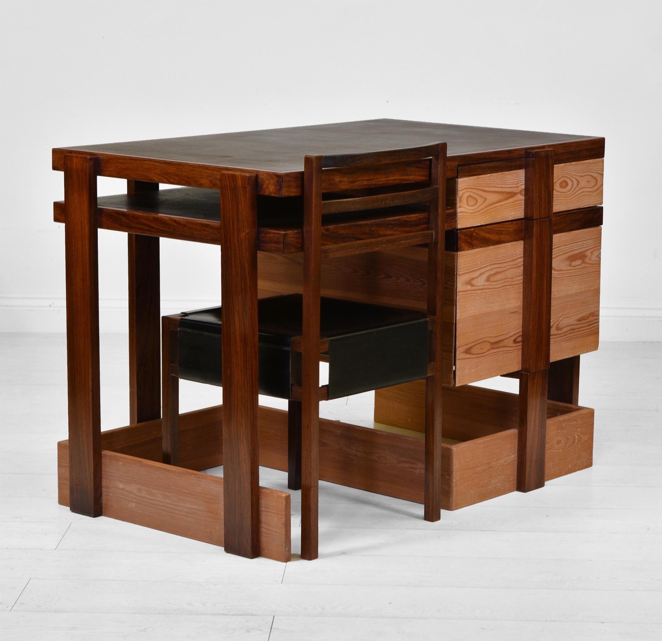 English Modernist Bombay Rosewood & Scrub Pine Desk + Chair by George Sneed Circa 1970s For Sale
