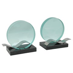 Modernist Bookends Black Granite and Glass Slab, circa 1980