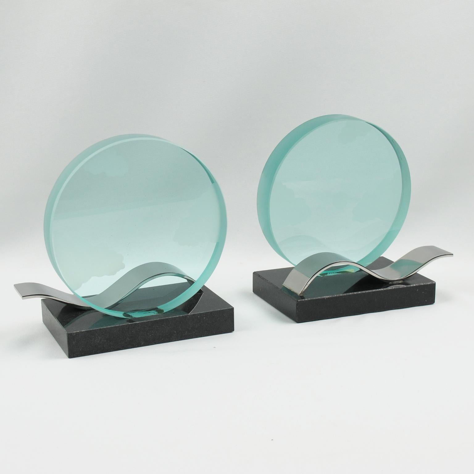 Modernist Bookends Black Granite and Glass Slab, circa 1980 For Sale 1