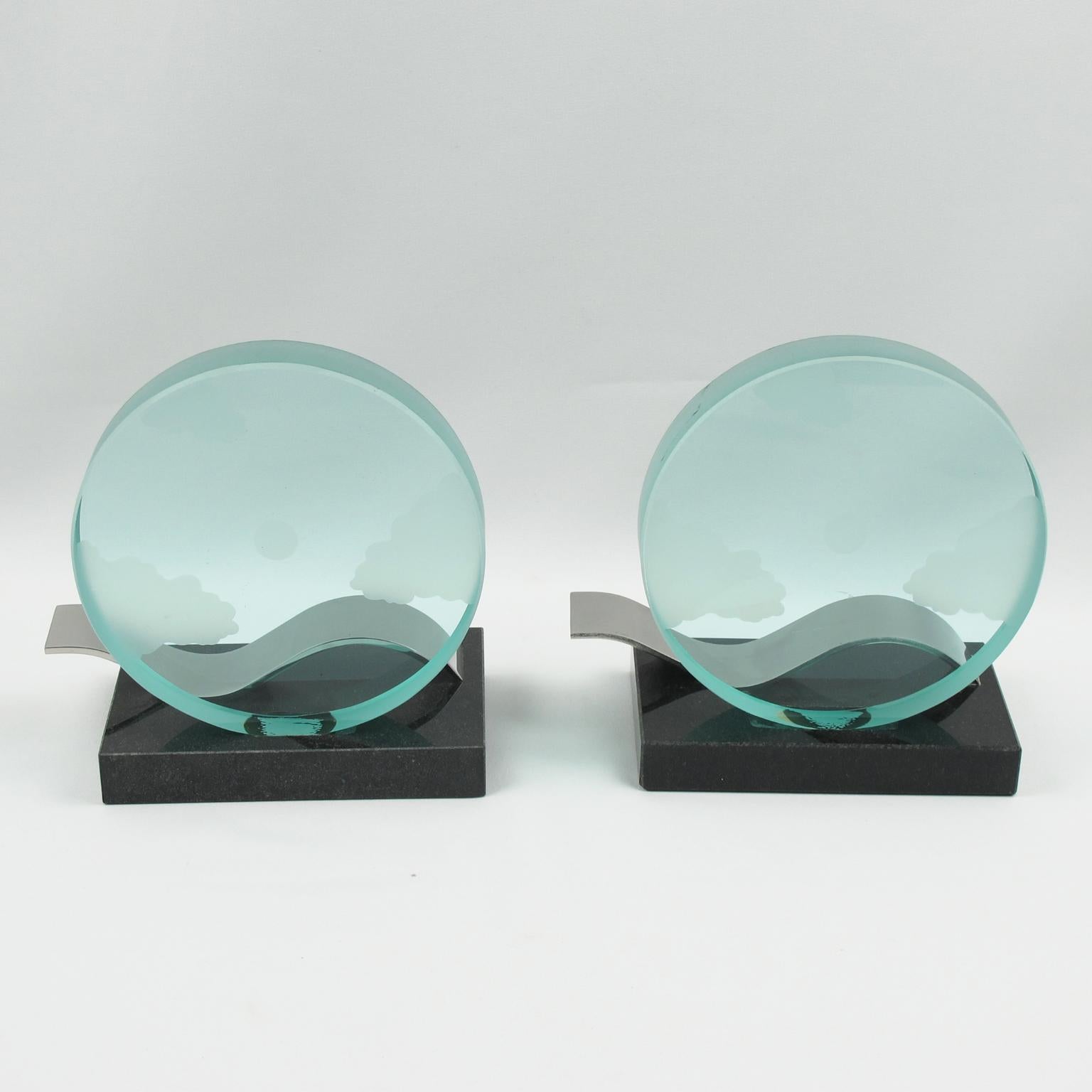 French Modernist Bookends Set Black Granite and Etched Glass Slab, France 1980s For Sale