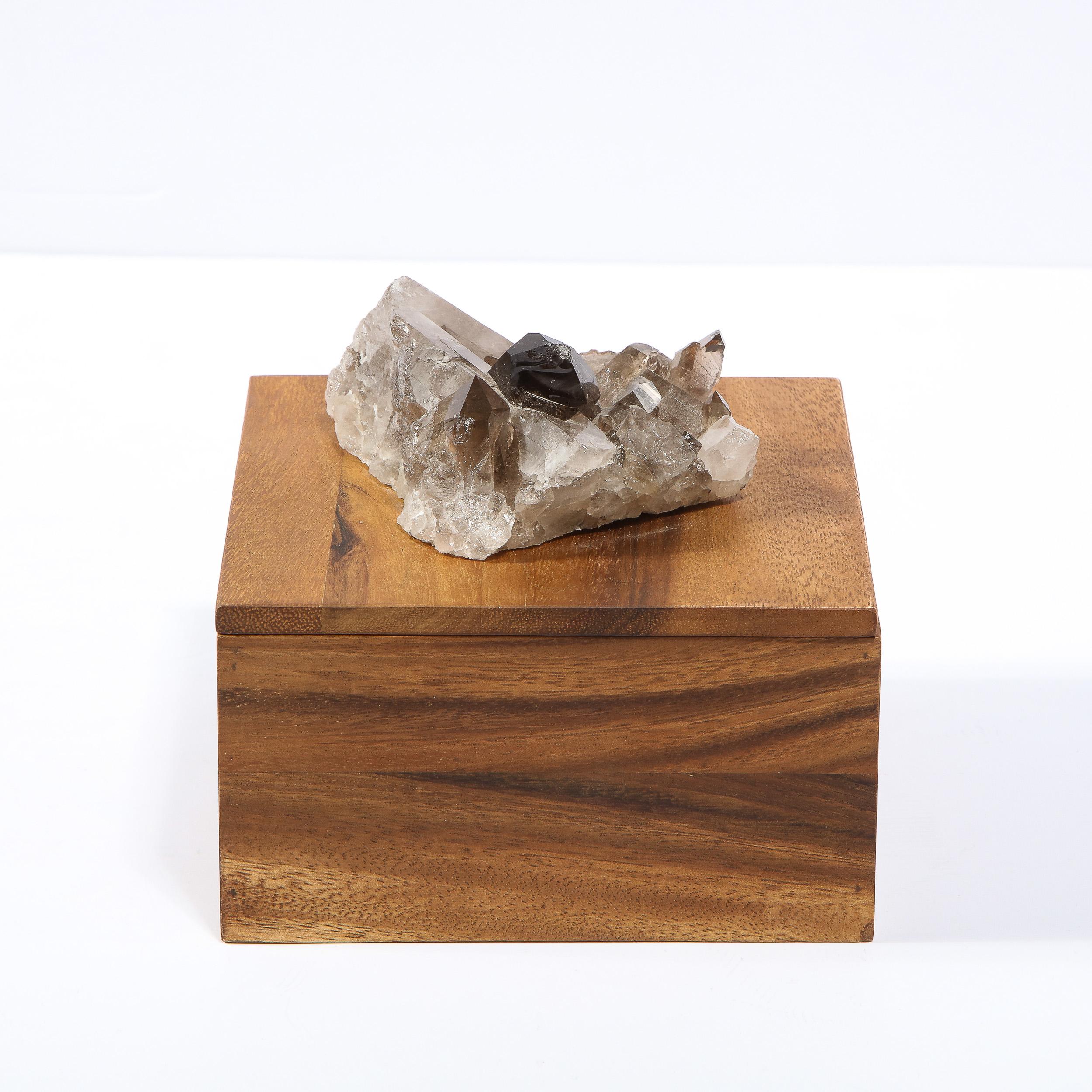 Modernist Bookmatched Walnut Decorative Box with Smoky Quartz Embellishment In Excellent Condition For Sale In New York, NY