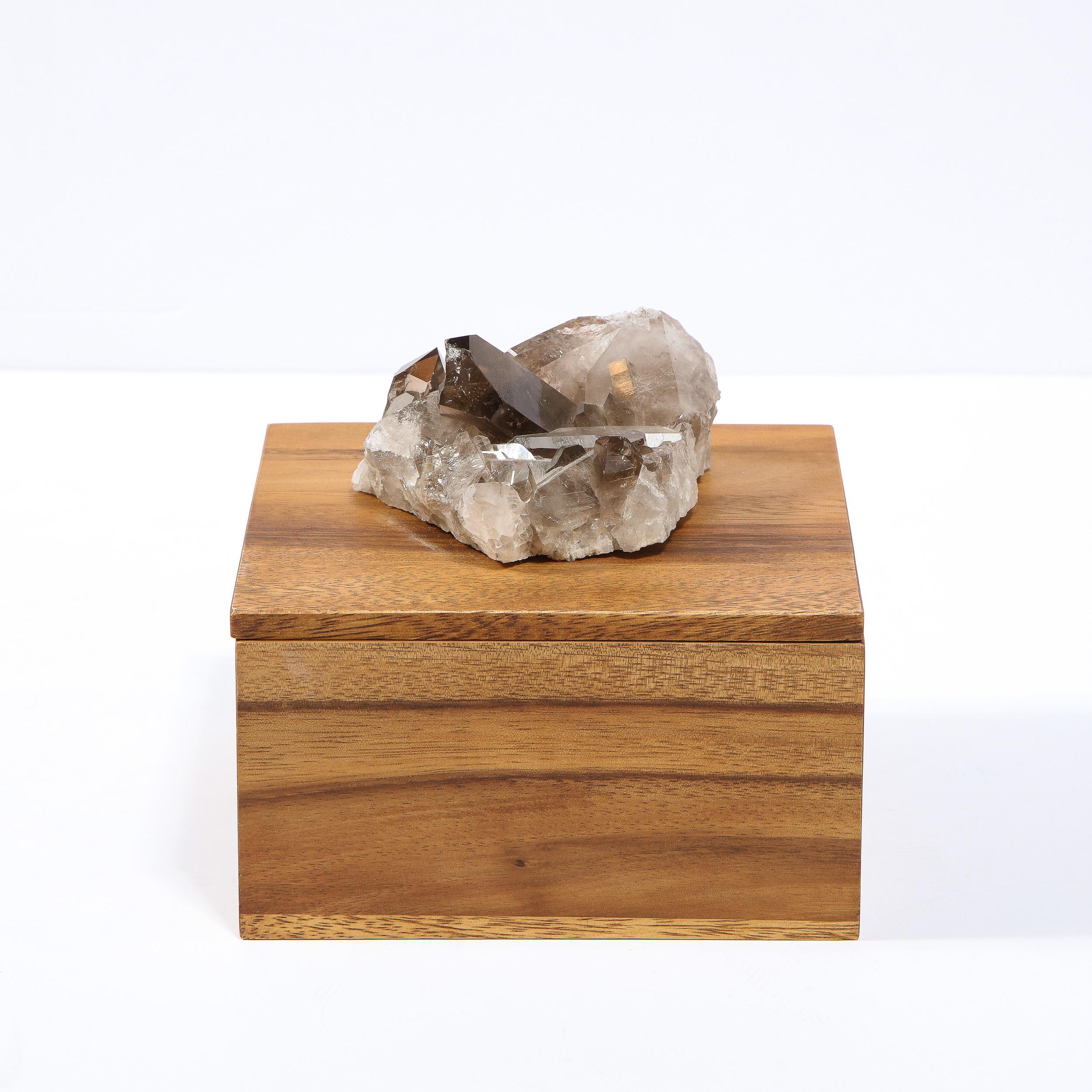 Contemporary Modernist Bookmatched Walnut Decorative Box with Smoky Quartz Embellishment For Sale