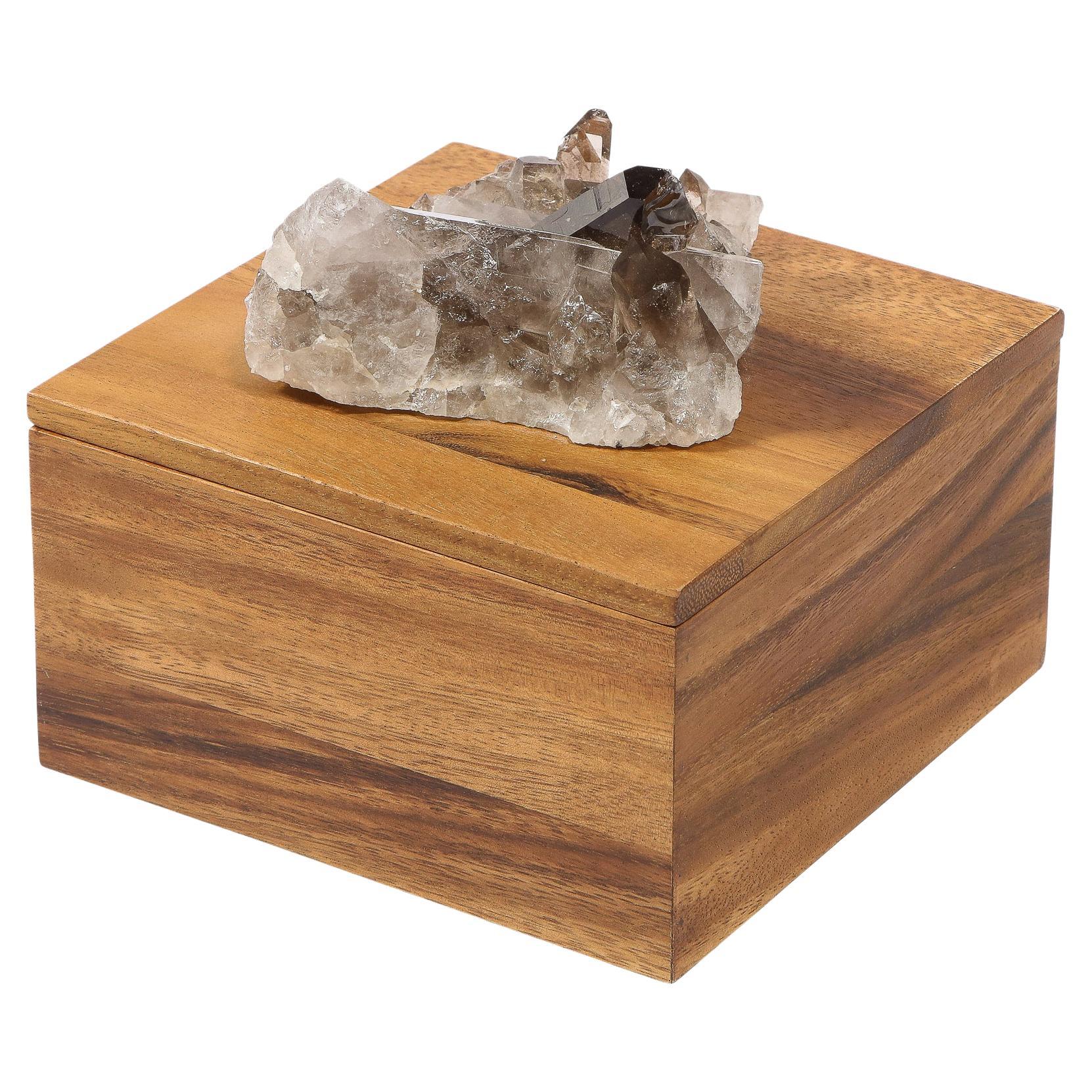 Modernist Bookmatched Walnut Decorative Box with Smoky Quartz Embellishment