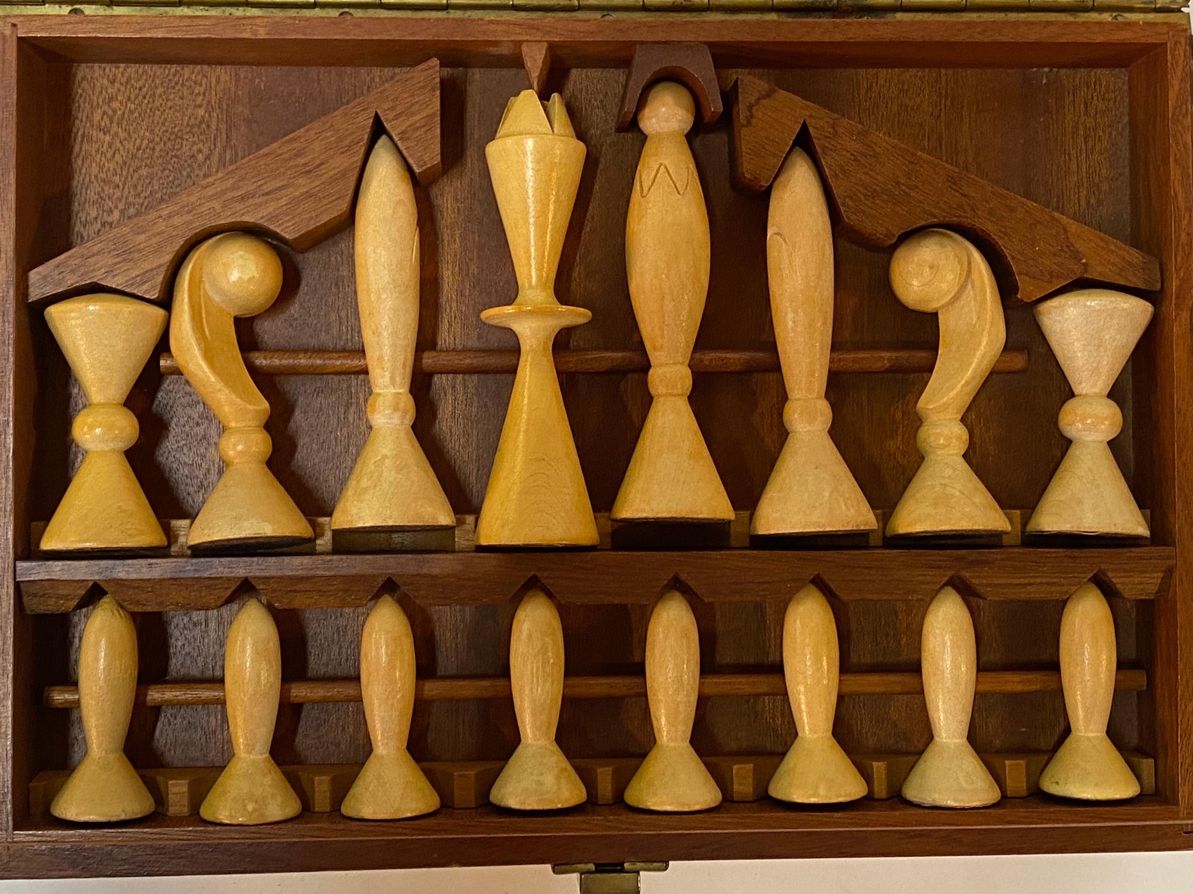 Late 20th Century Modernist Boxed Wood Chess Pieces For Sale