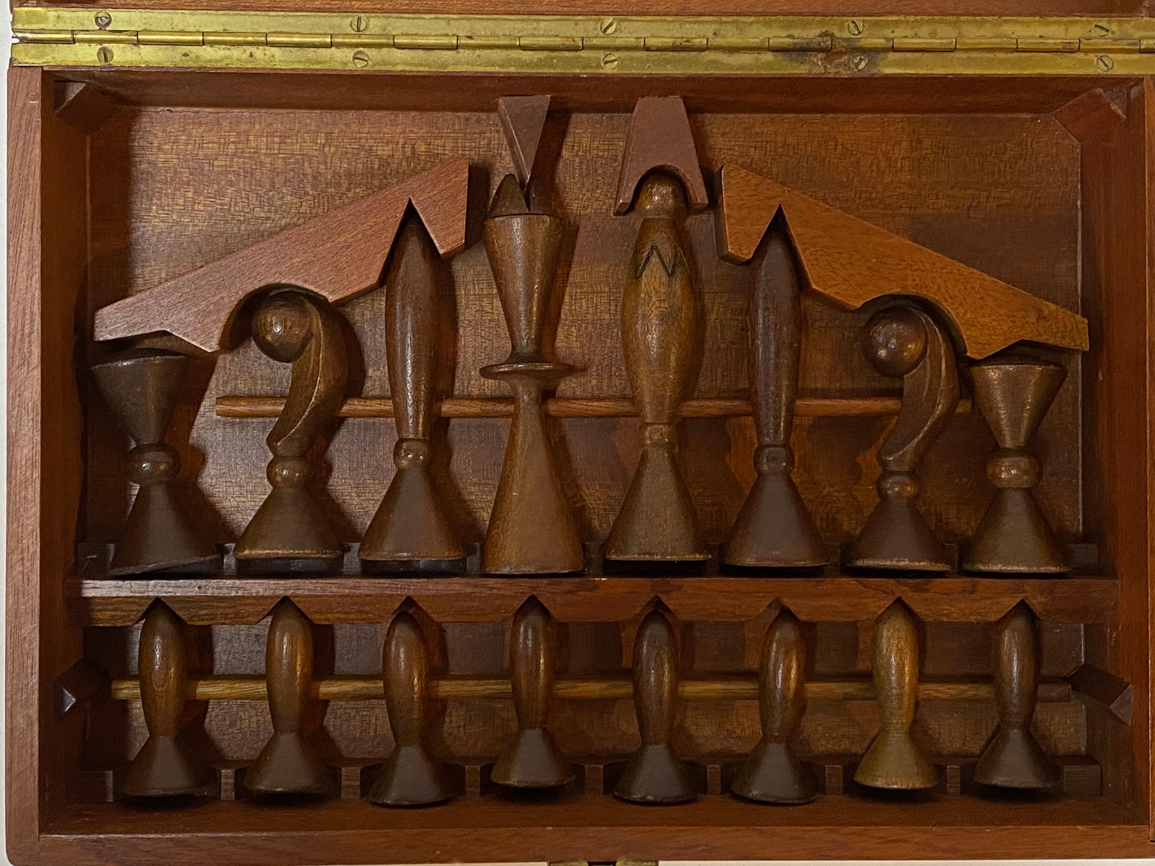 Modernist Boxed Wood Chess Pieces For Sale 1