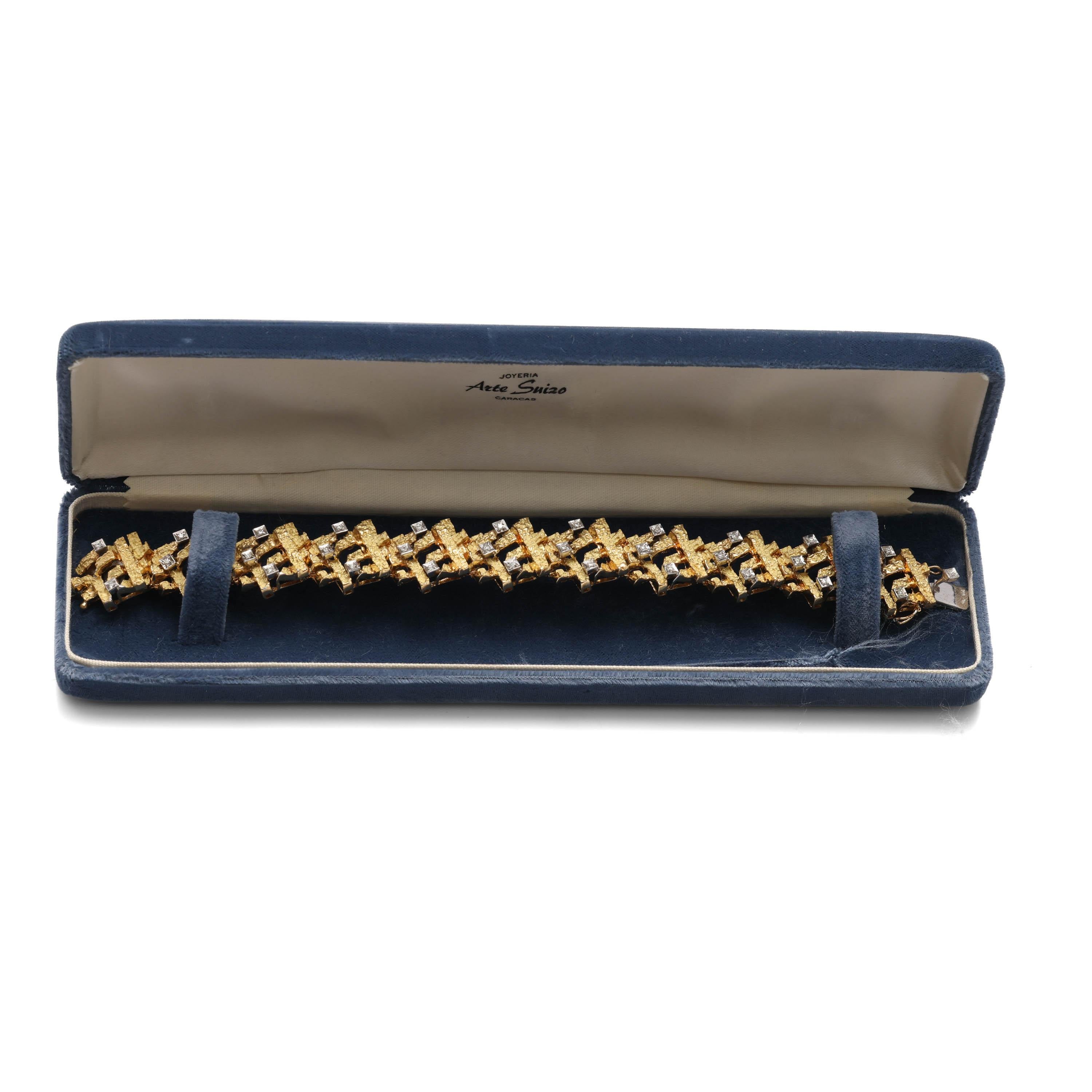 Bracelet 18K Gold & Diamonds Modernist Arte Suizo Caracas Original Box For Sale 4