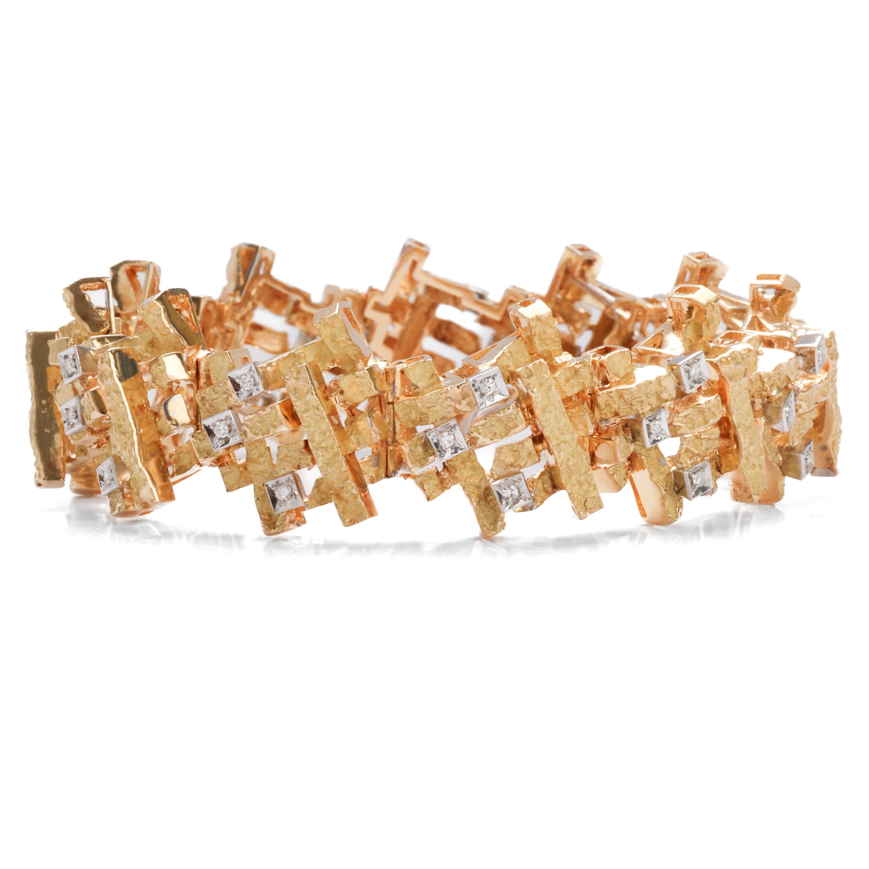 This heavy, substantial modernist bracelet was created in the middle of the previous century, most likely in the 1960s. The bracelet is constructed of rectangular lengths of hand-textured gold, 