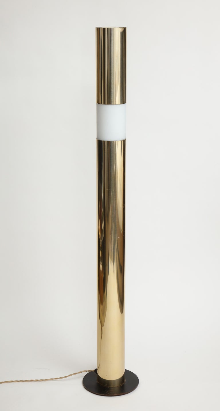 Modernist Brass and Etched Glass Cylinder Floor Lamp For Sale at 1stDibs