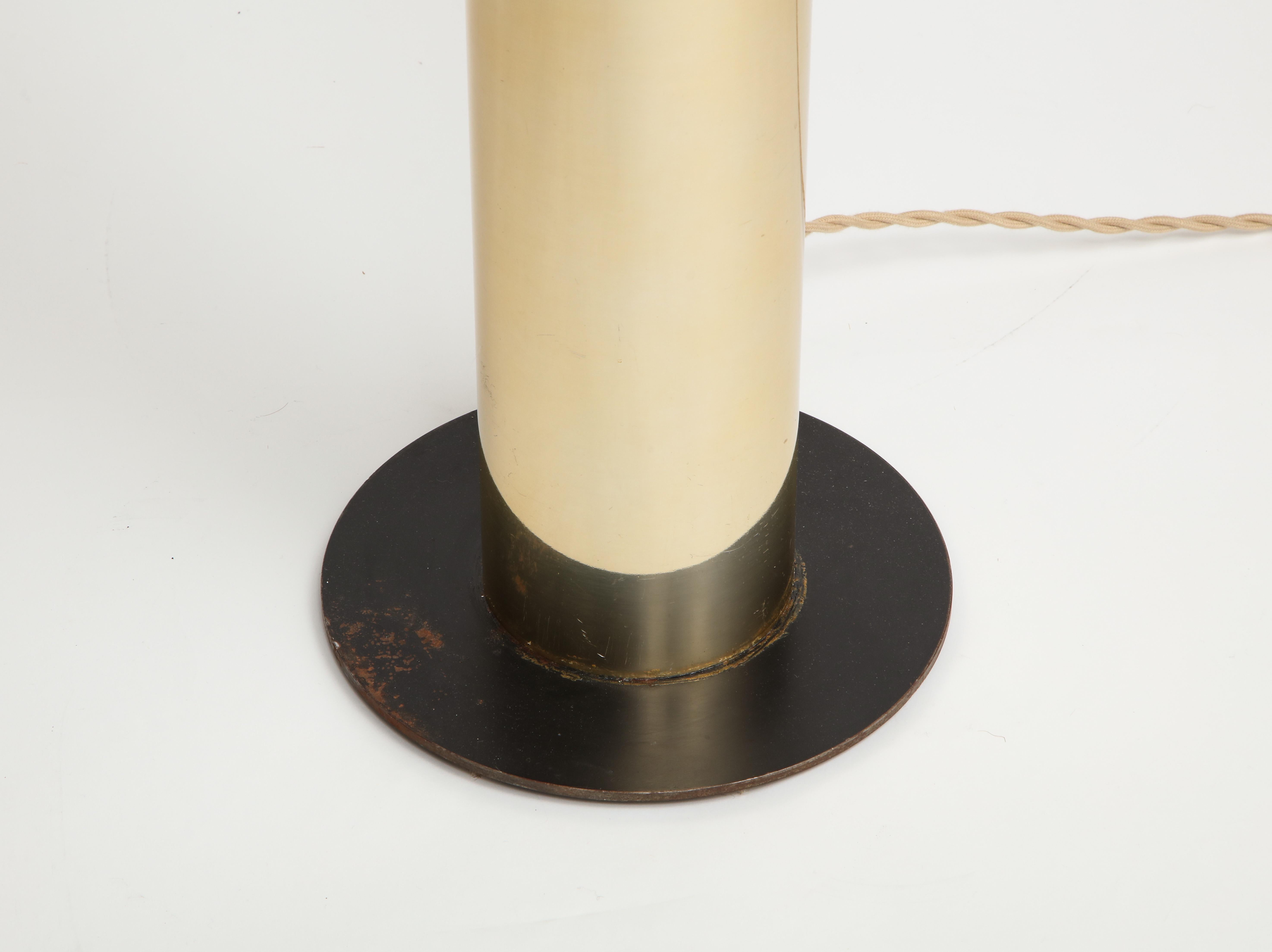 Polished Modernist Brass and Etched Glass Cylinder Floor Lamp For Sale