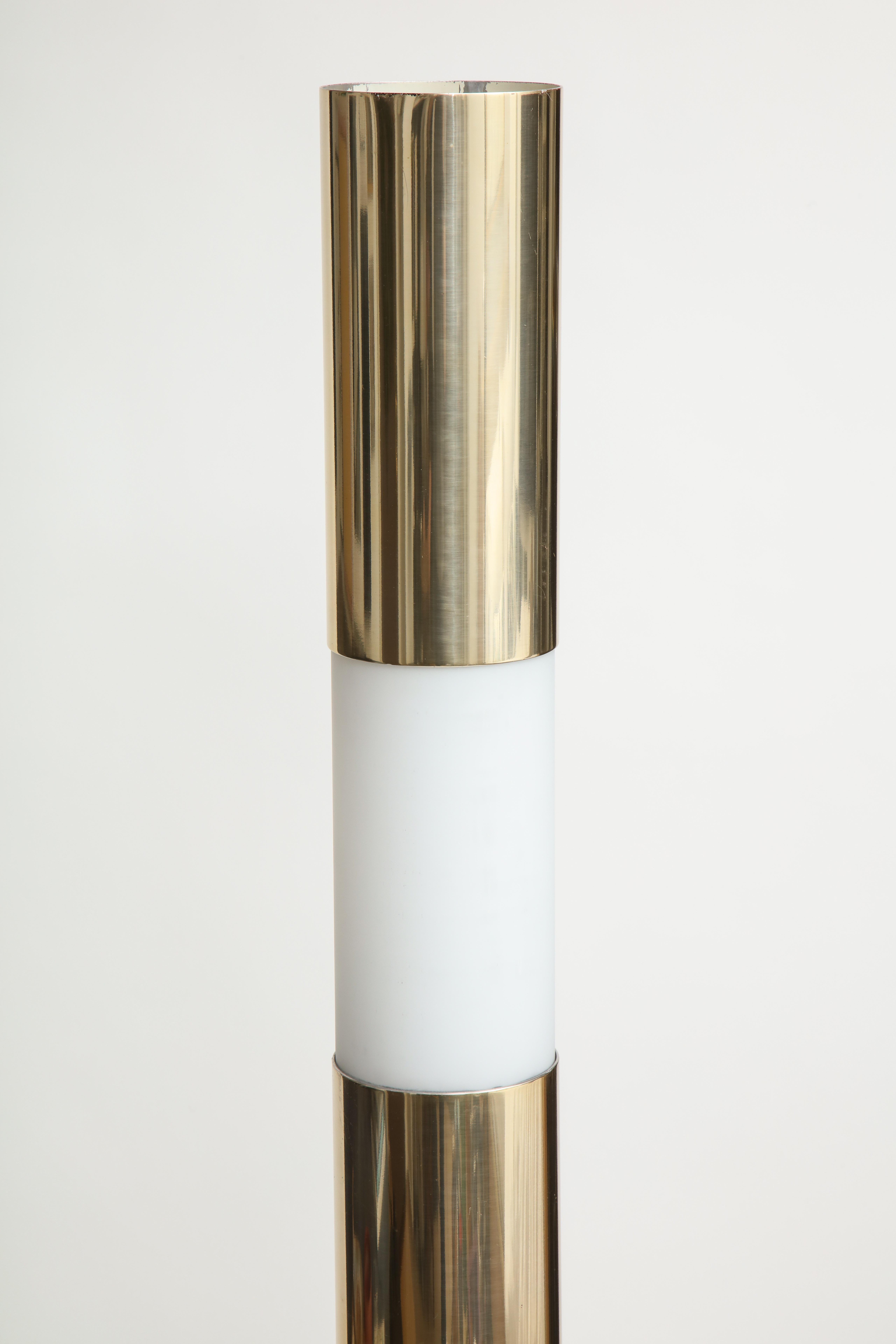 Steel Modernist Brass and Etched Glass Cylinder Floor Lamp For Sale