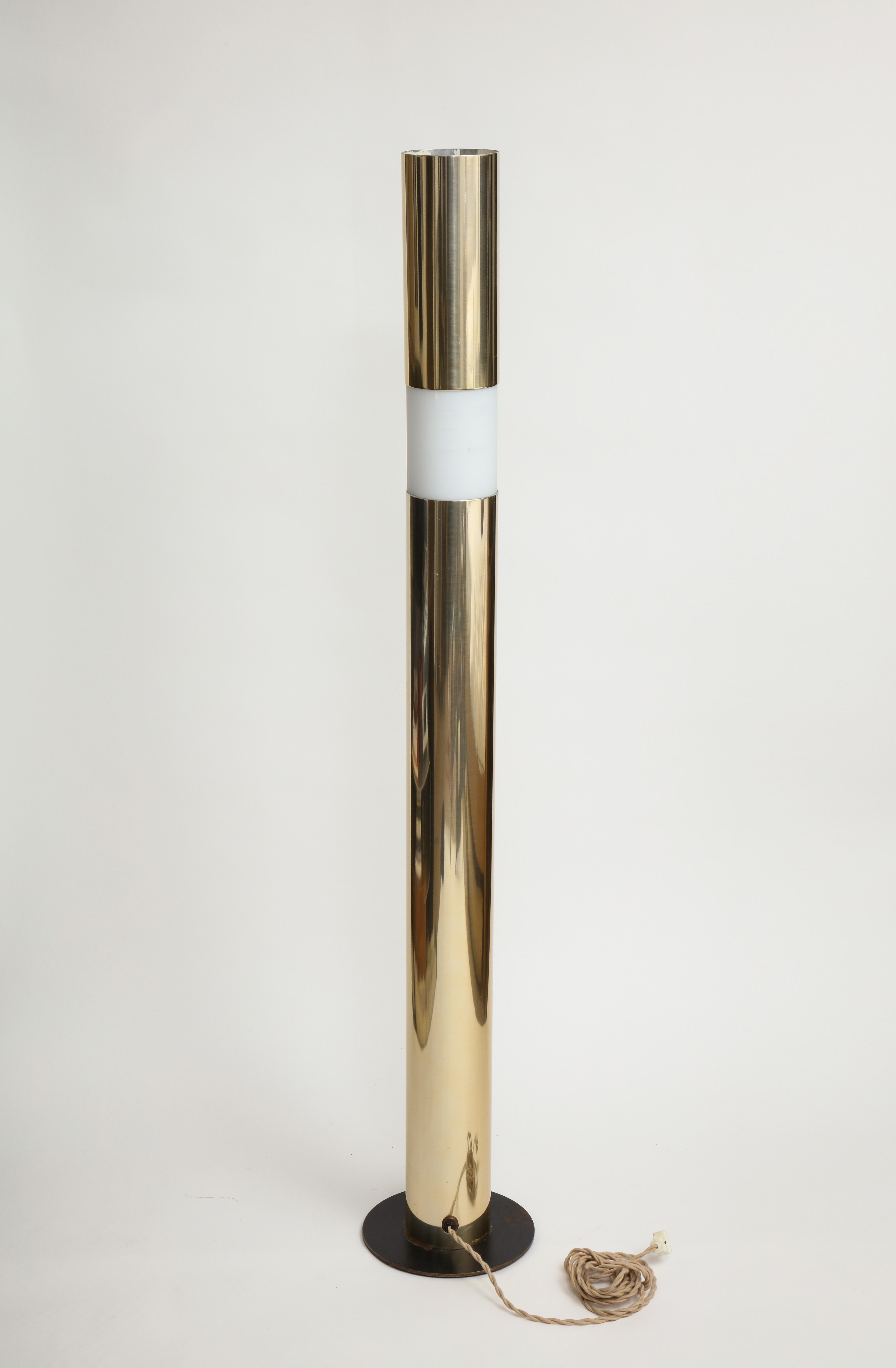 Modernist Brass and Etched Glass Cylinder Floor Lamp For Sale 2