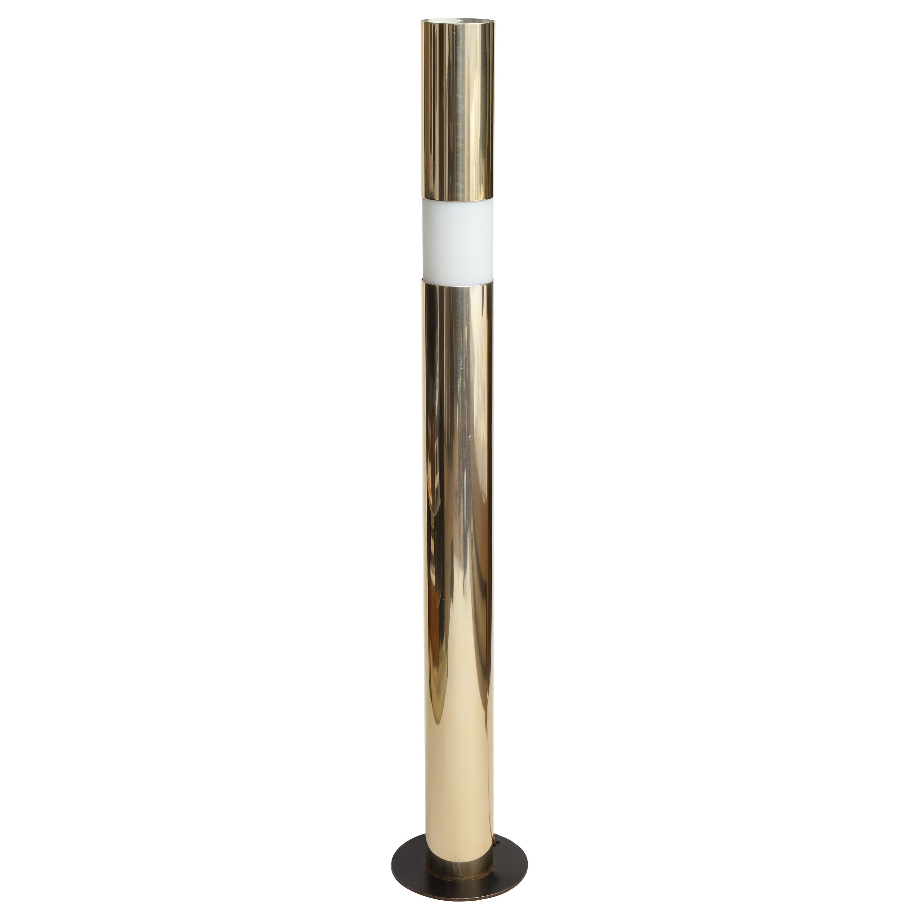 Modernist Brass and Etched Glass Cylinder Floor Lamp For Sale