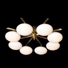 Modernist Brass and Frosted Glass 8-Arm Globe Chandelier, Manner of Arredoluce