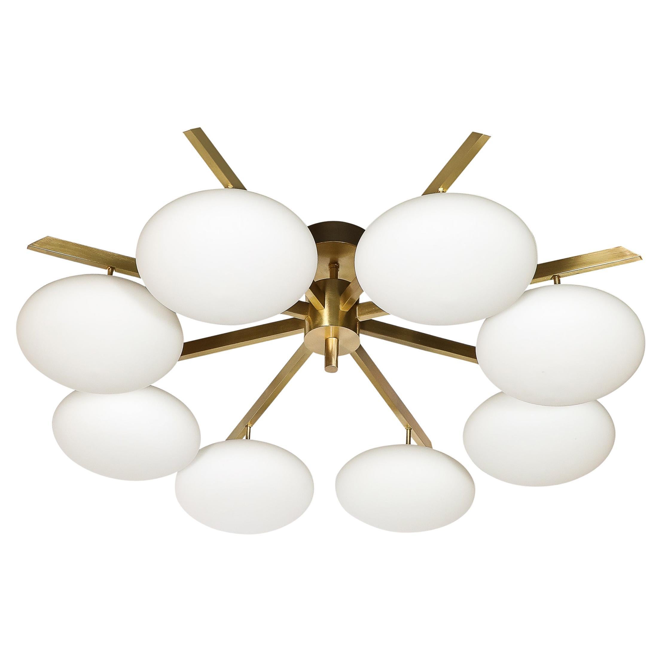 Modernist Brass and Frosted Glass 8-Arm Globe Chandelier, Manner of Arredoluce