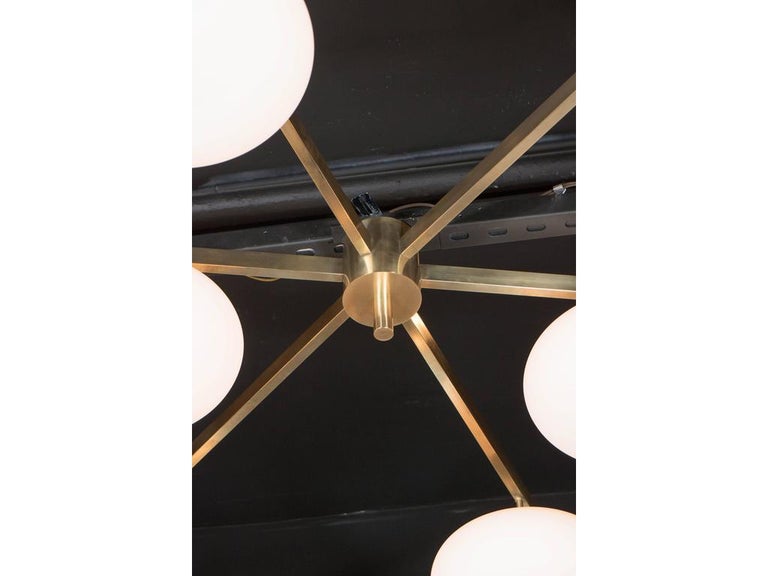Modernist Brass and Frosted Glass Six-Arm Globe Chandelier, Manner of Arredoluce In New Condition For Sale In New York, NY