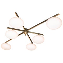 Modernist Brass and Frosted Glass Six-Arm Globe Chandelier, Manner of Arredoluce