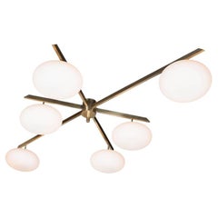 Modernist Brass and Frosted Glass Six-Arm Globe Chandelier, Manner of Arredoluce