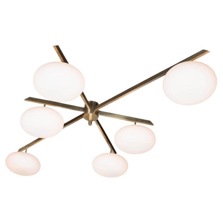 Modernist Brass and Frosted Glass Six-Arm Globe Chandelier, Manner of Arredoluce For Sale