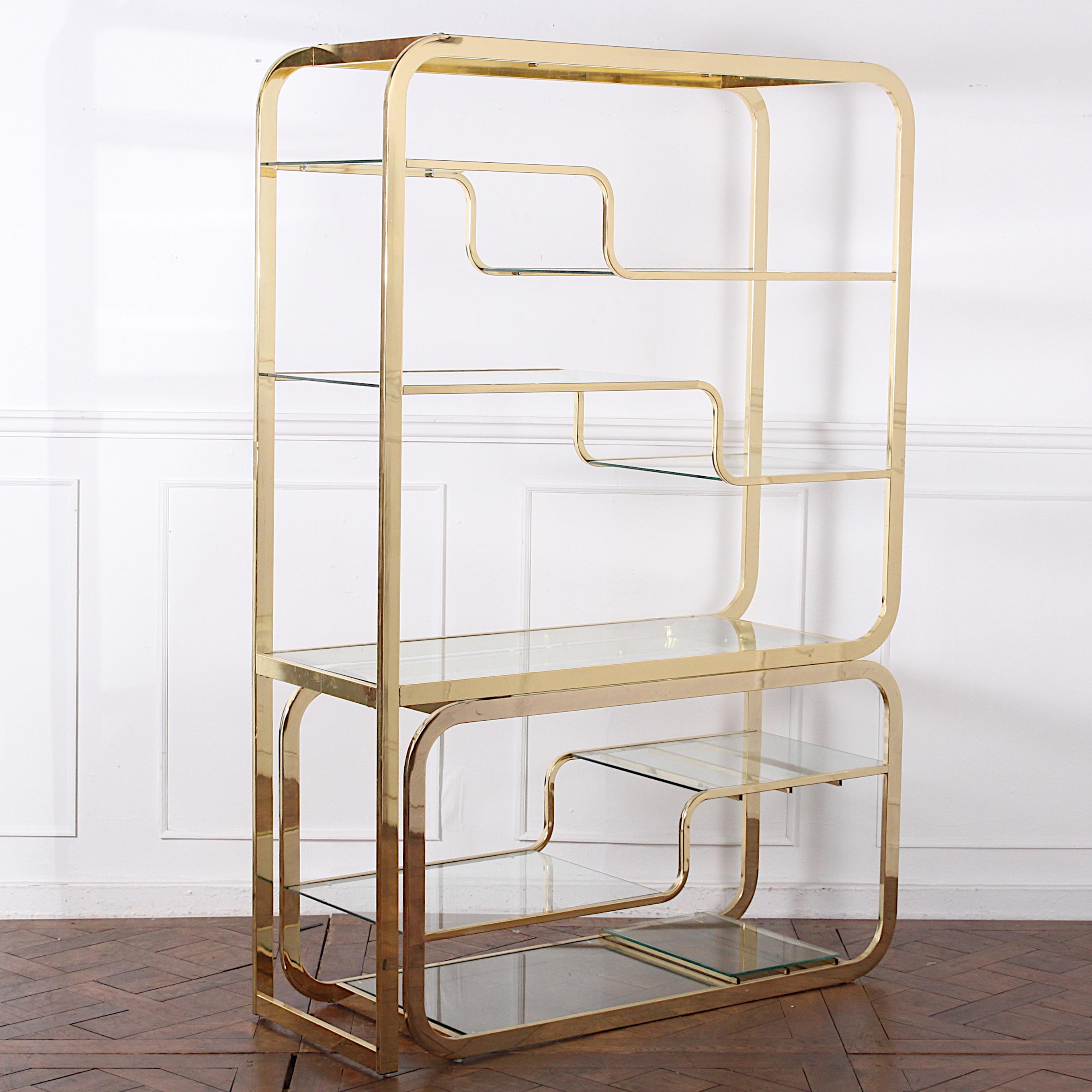Modernist Brass and Glass Adjustable Etagere Stand Milo Baughman 4