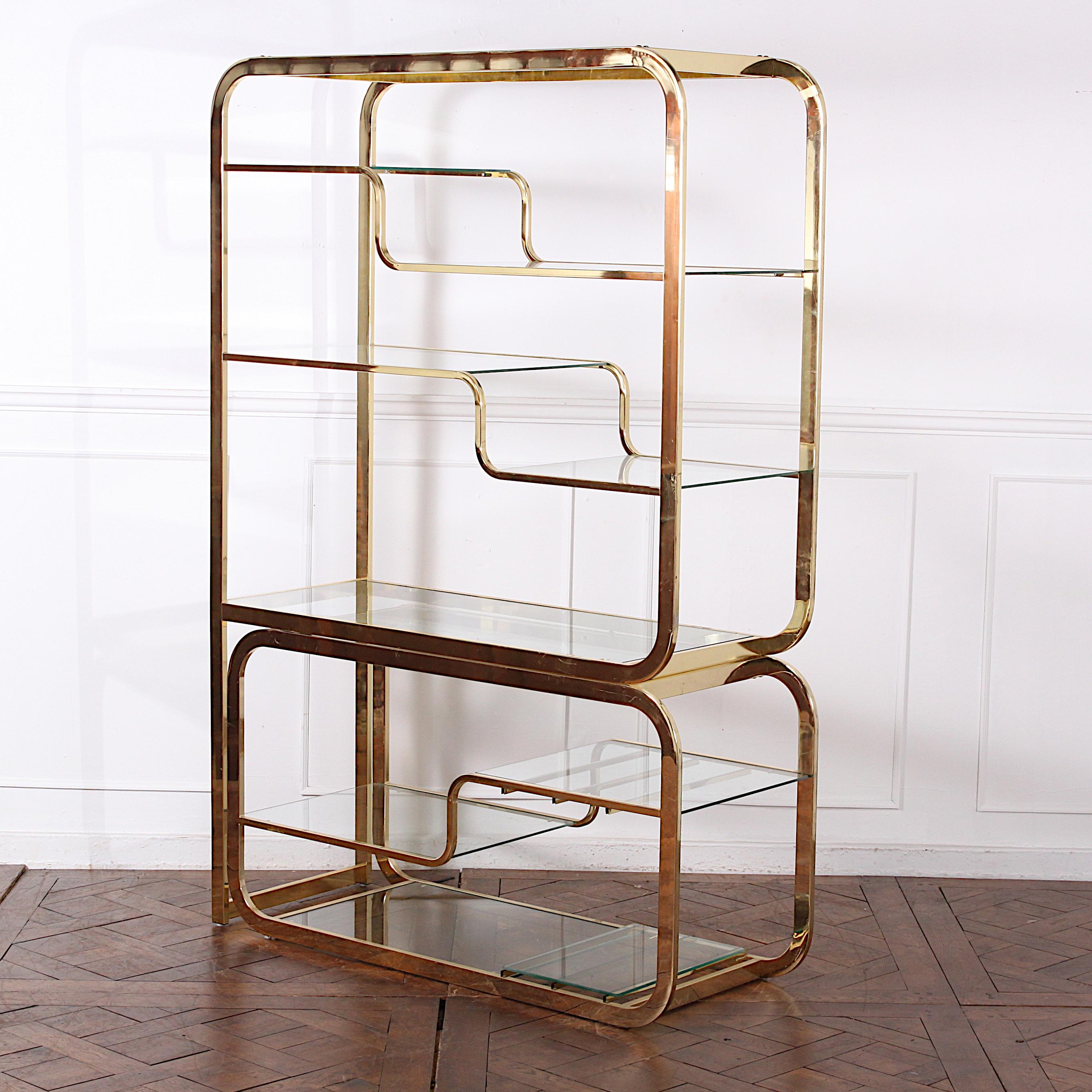 American Modernist Brass and Glass Adjustable Etagere Stand Milo Baughman