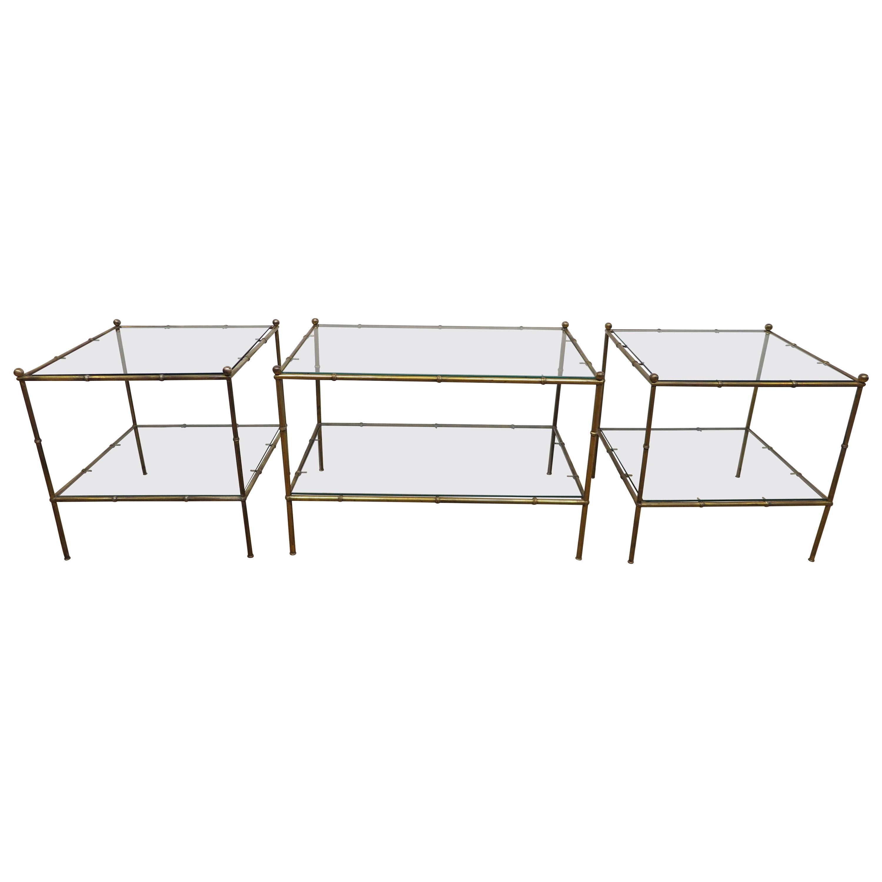 Modernist Brass and Glass Cocktail Table Set For Sale