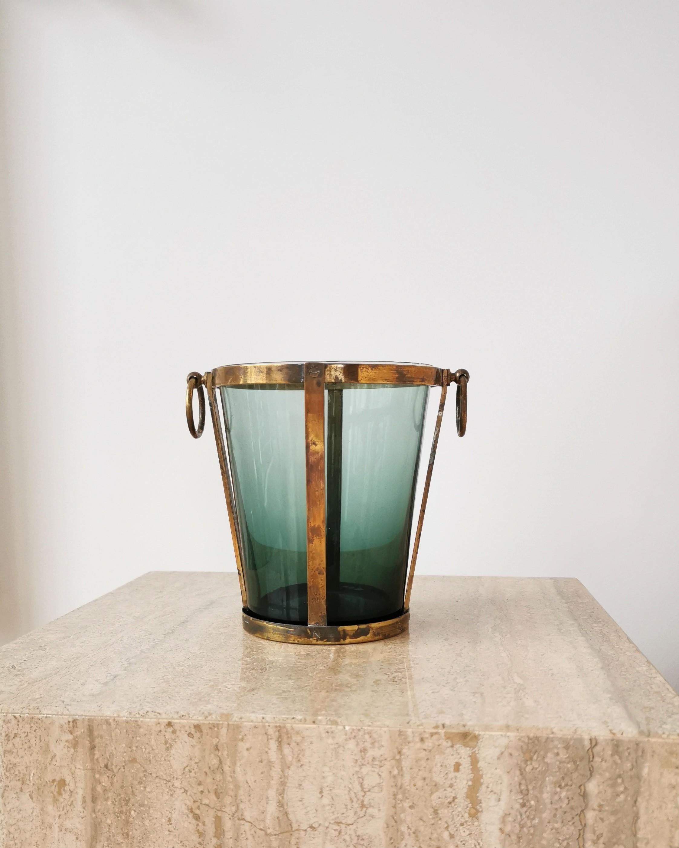 Italian Modernist Brass and Glass Ice Bucket, Italy, 1960s