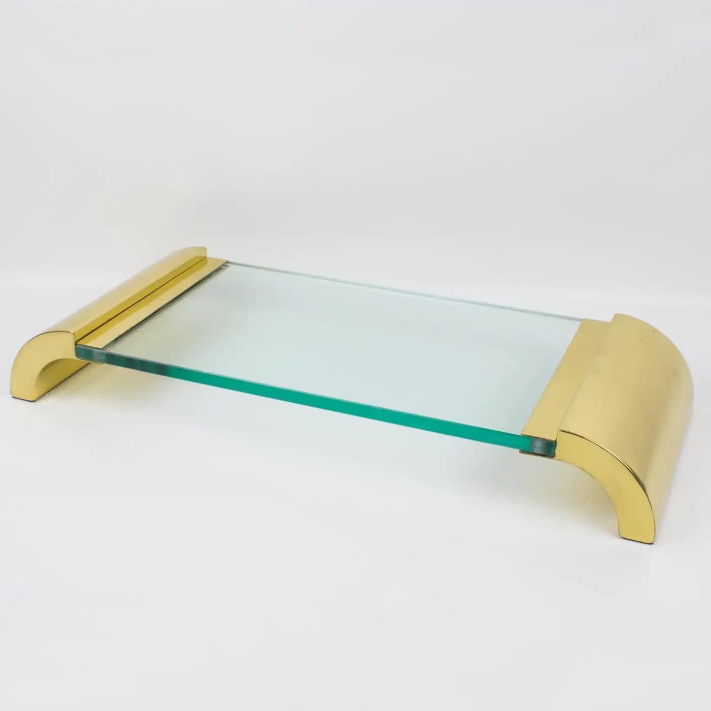 Modernist Brass and Glass Pedestal Centerpiece Display Tray, Italy 1980s In Good Condition For Sale In Atlanta, GA