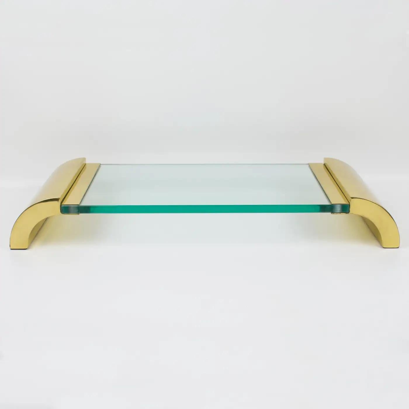 Late 20th Century Modernist Brass and Glass Pedestal Centerpiece Display Tray, Italy 1980s For Sale