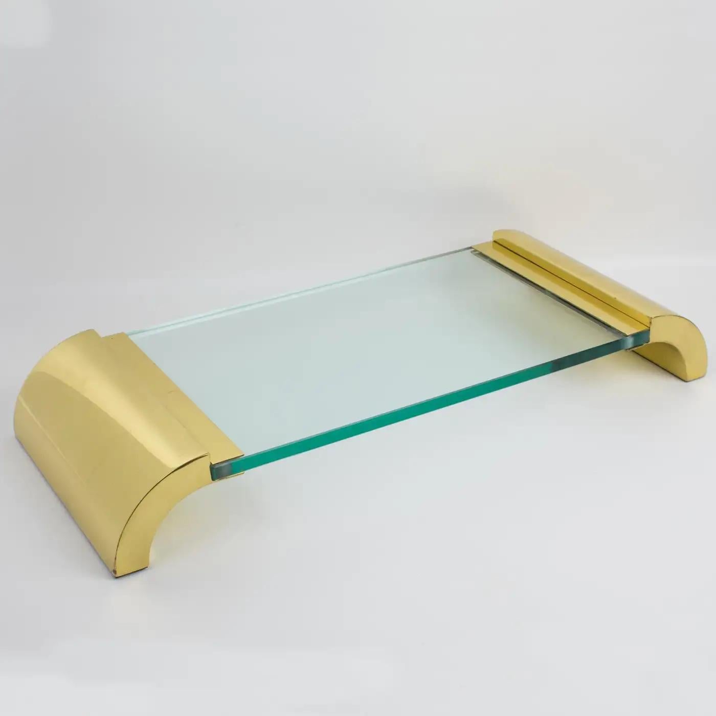 Metal Modernist Brass and Glass Pedestal Centerpiece Display Tray, Italy 1980s For Sale