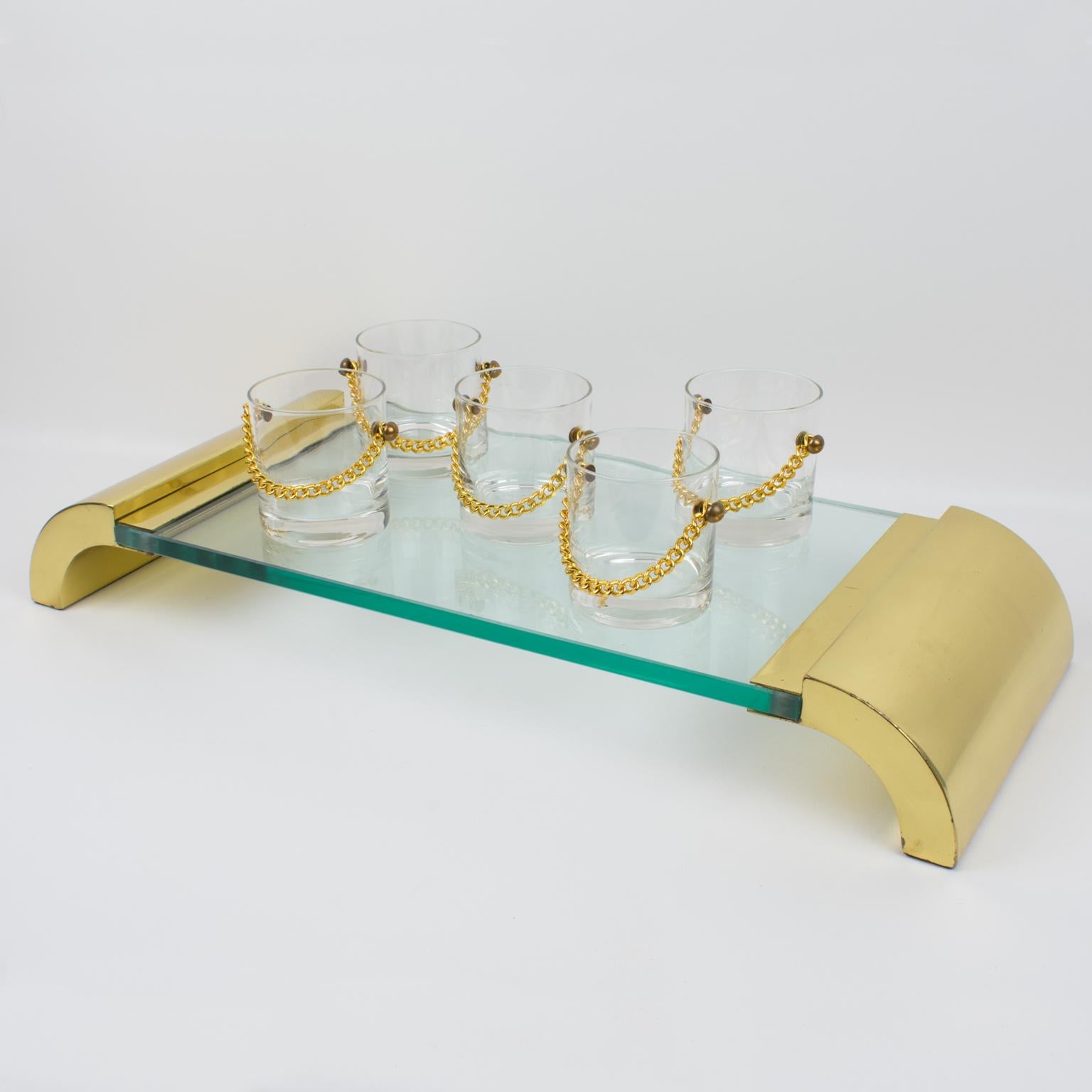 Bandeja expositora modernista con pedestal de latón y cristal, Italia circa 1980 finales del siglo XX en venta