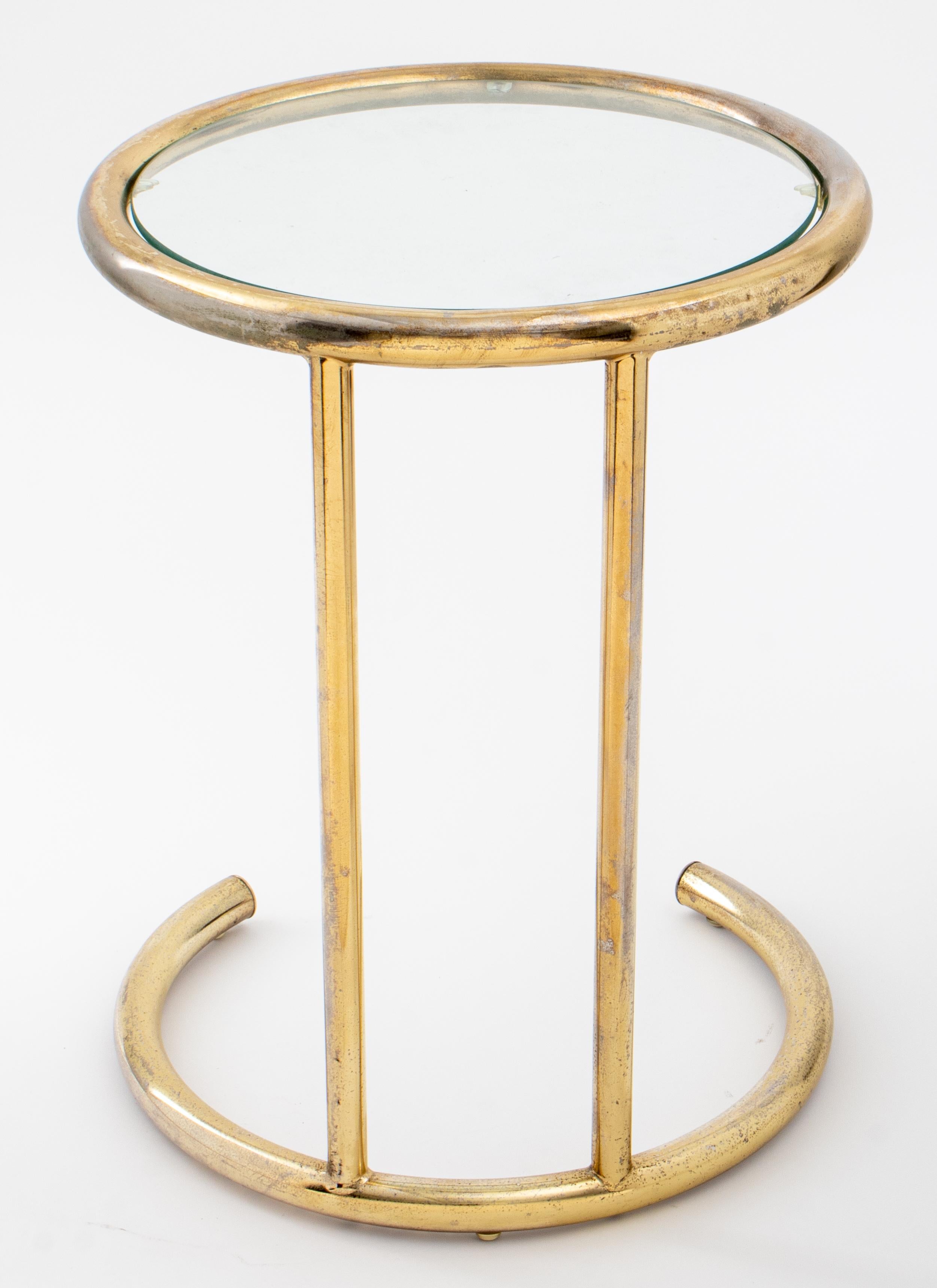 Modernist Brass and Glass Round Tubular Side Table 1