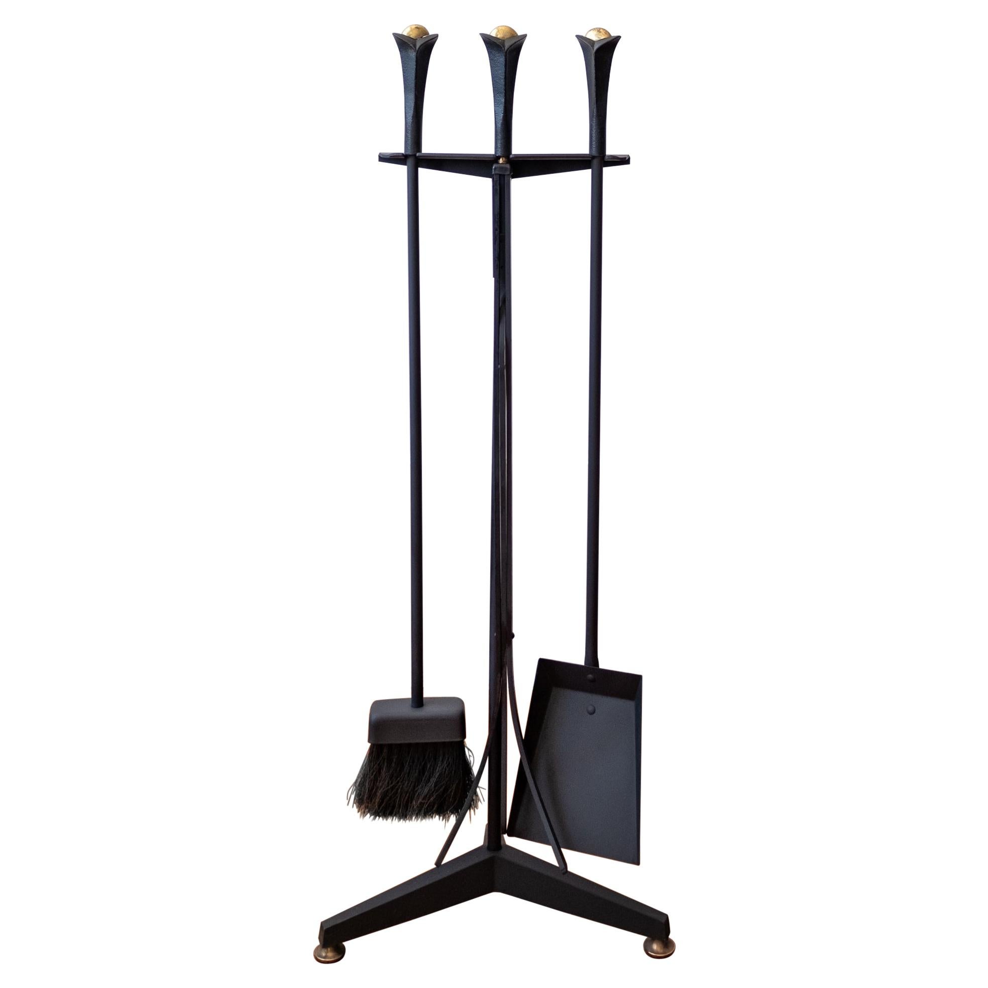 Vintage Modernist Black Cast Iron Fire Place Tool Set at 1stDibs