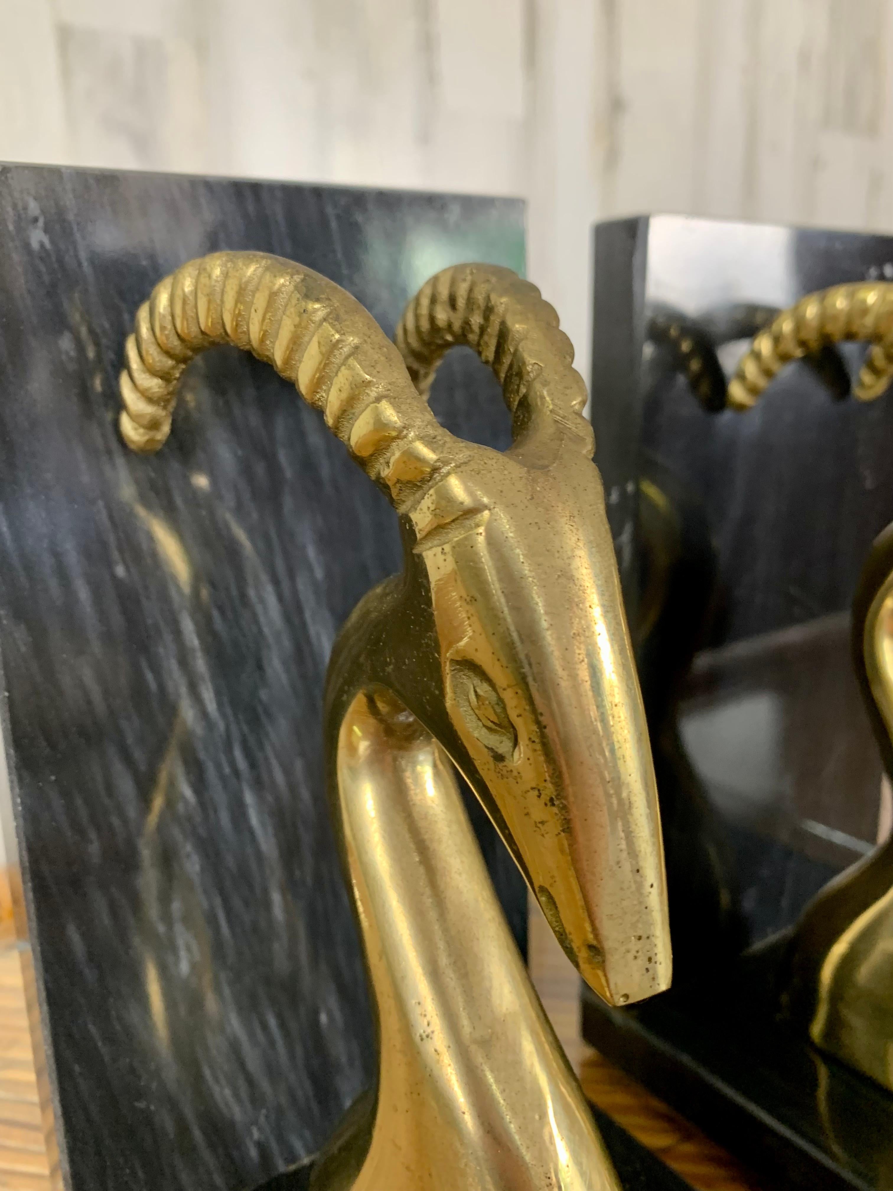 Modernist Brass and Marble Gazelle Bookends In Good Condition In Denton, TX