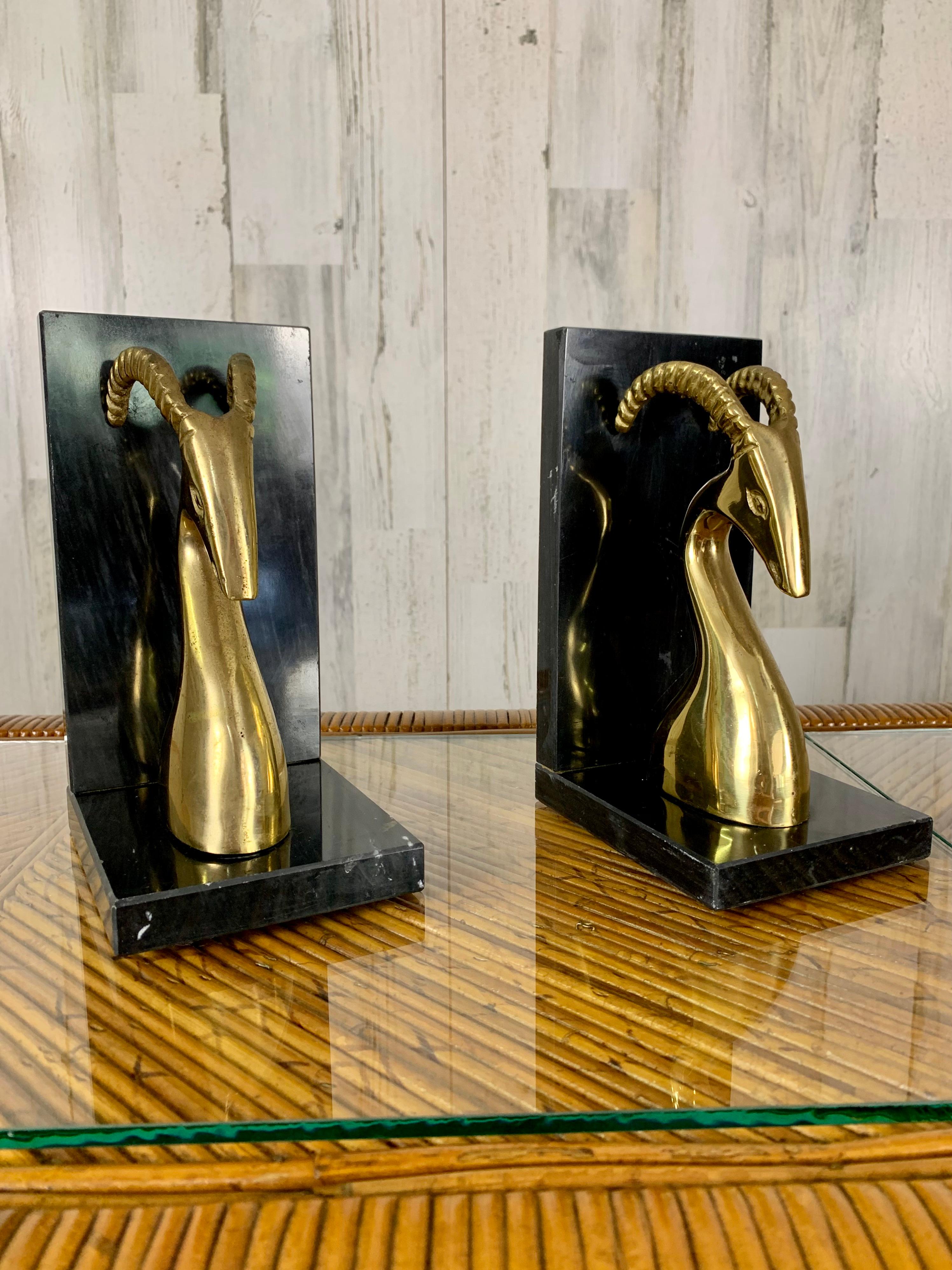 20th Century Modernist Brass and Marble Gazelle Bookends