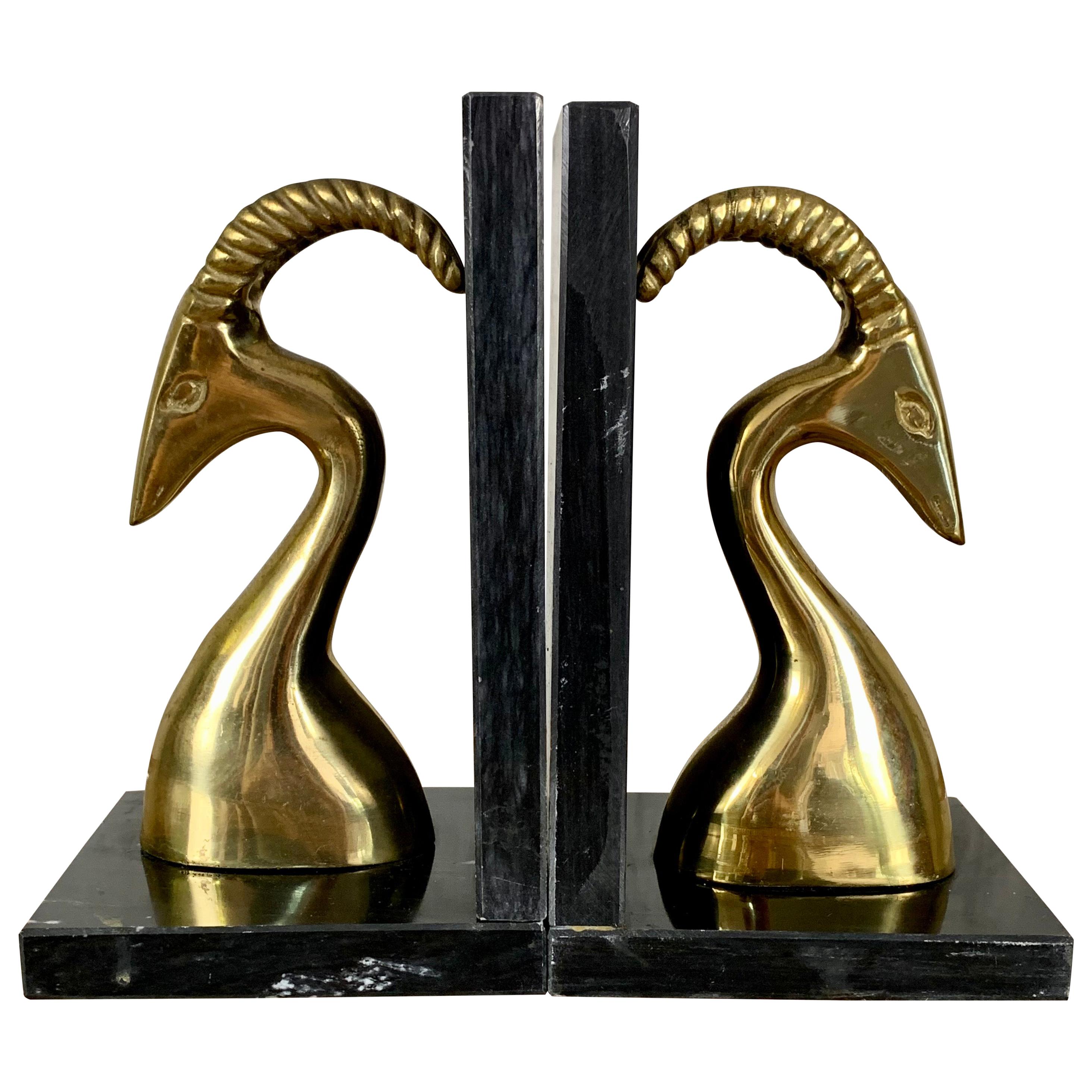 Modernist Brass and Marble Gazelle Bookends