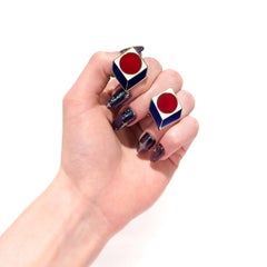 Boutons de manchette Op Art modernistes en laiton et émail rouge, blanc et bleu