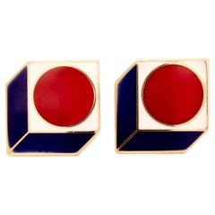 Modernist Brass and Red, White & Blue Enamel Op Art Cufflinks