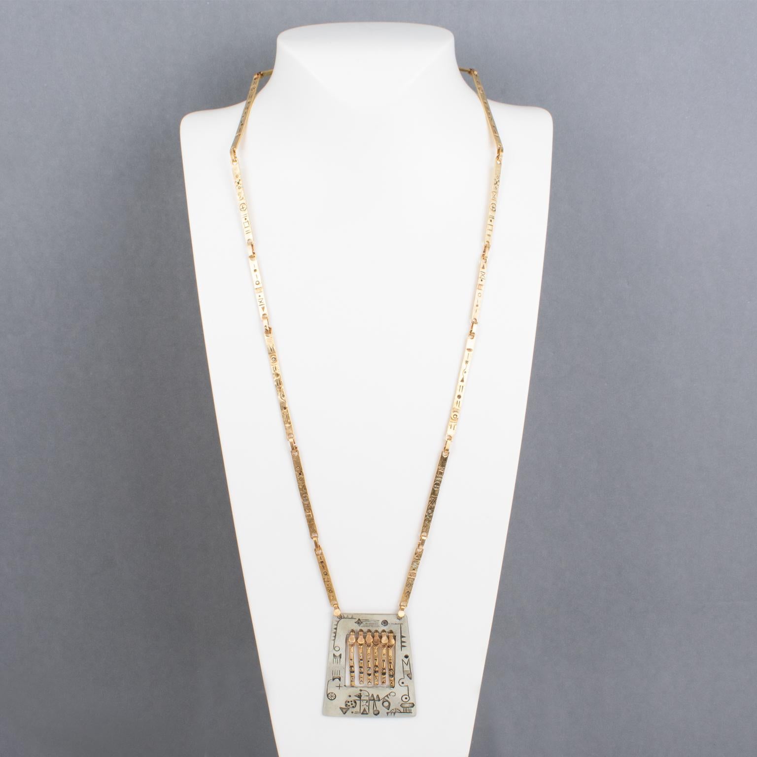 Modernist Brass and Silvered Metal Hieroglyph Ethnic Graffiti Necklace In Good Condition For Sale In Atlanta, GA