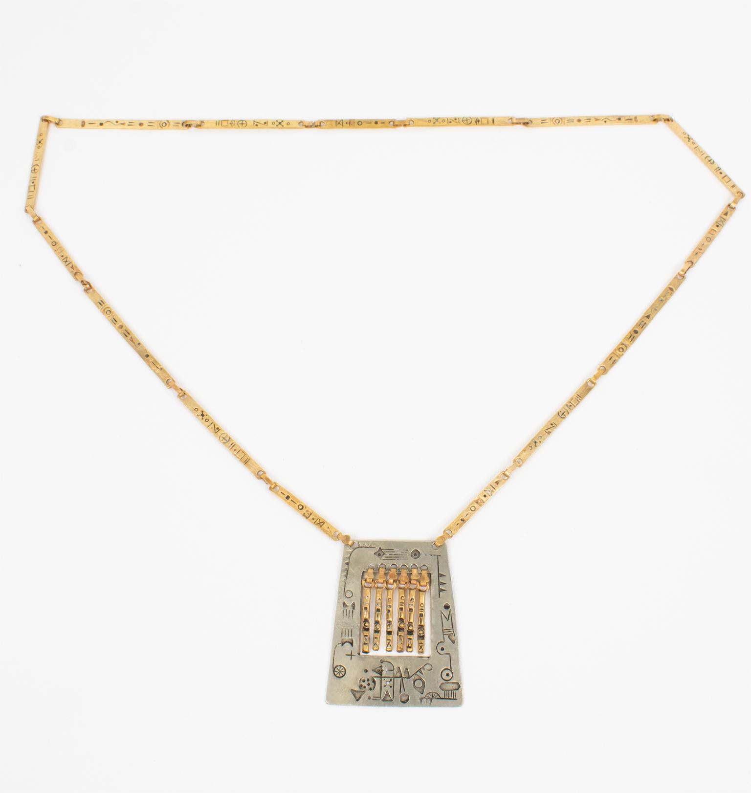 Women's or Men's Modernist Brass and Silvered Metal Hieroglyph Ethnic Graffiti Necklace For Sale