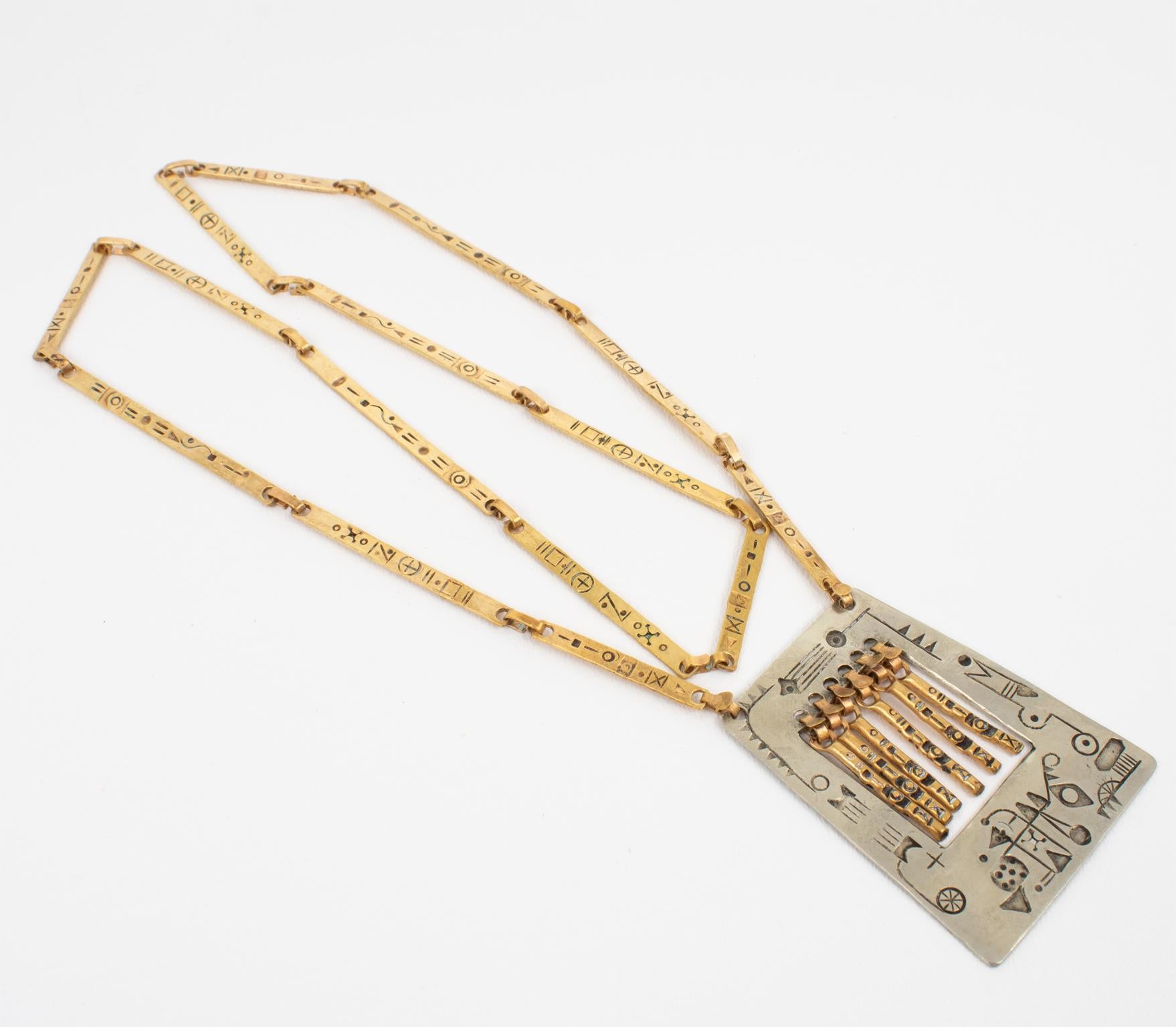 Modernist Brass and Silvered Metal Hieroglyph Ethnic Graffiti Necklace For Sale 1