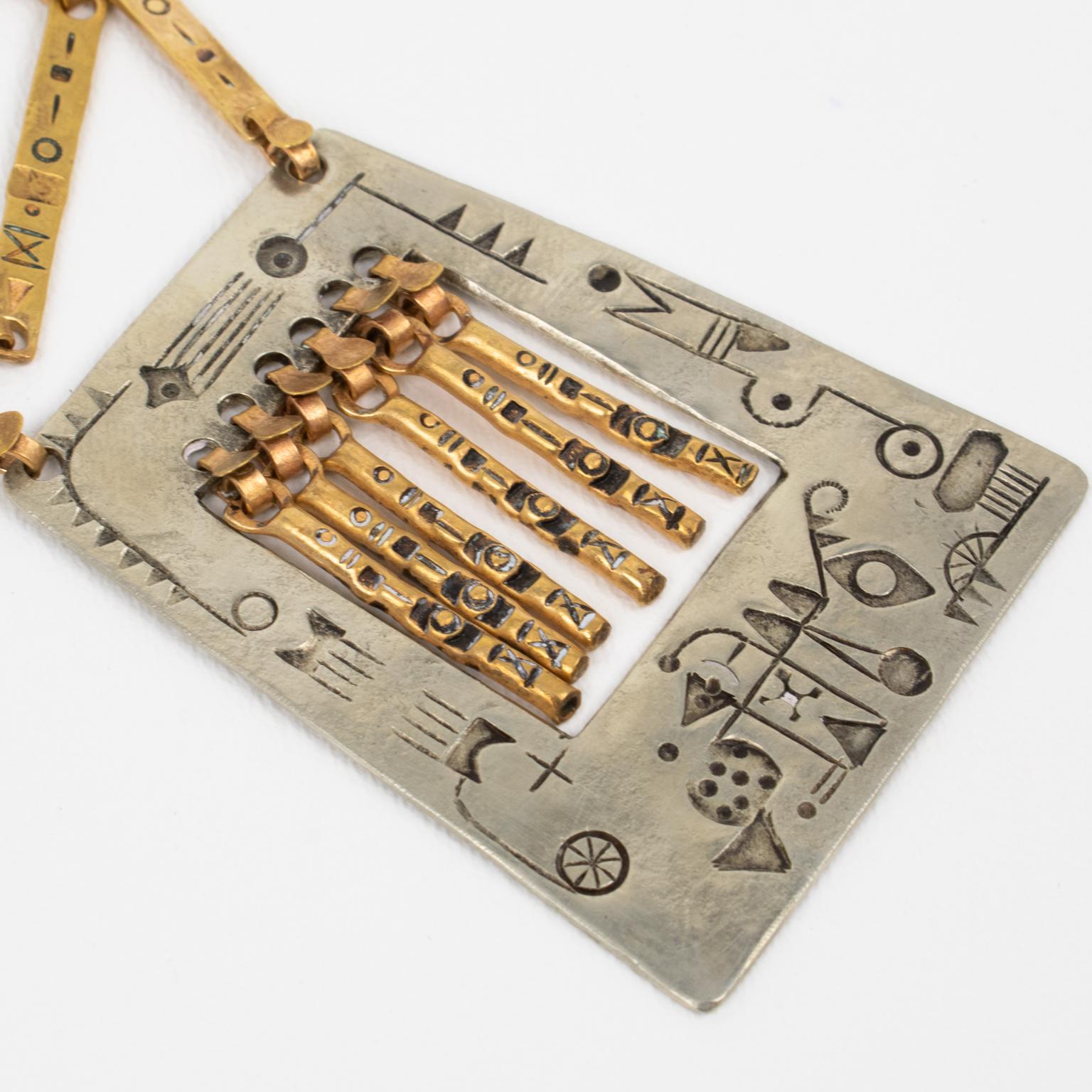 Modernist Brass and Silvered Metal Hieroglyph Ethnic Graffiti Necklace For Sale 2