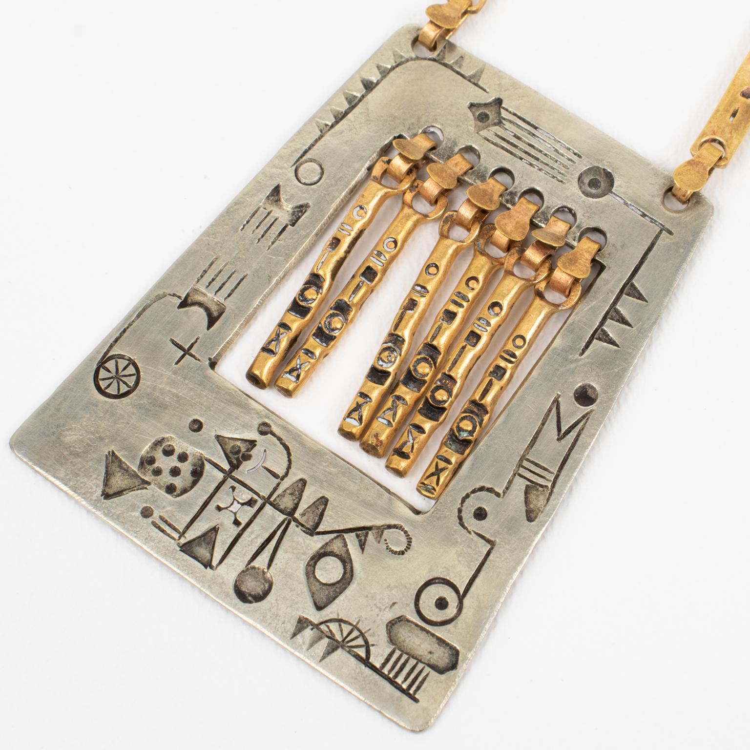 Modernist Brass and Silvered Metal Hieroglyph Ethnic Graffiti Necklace For Sale 3