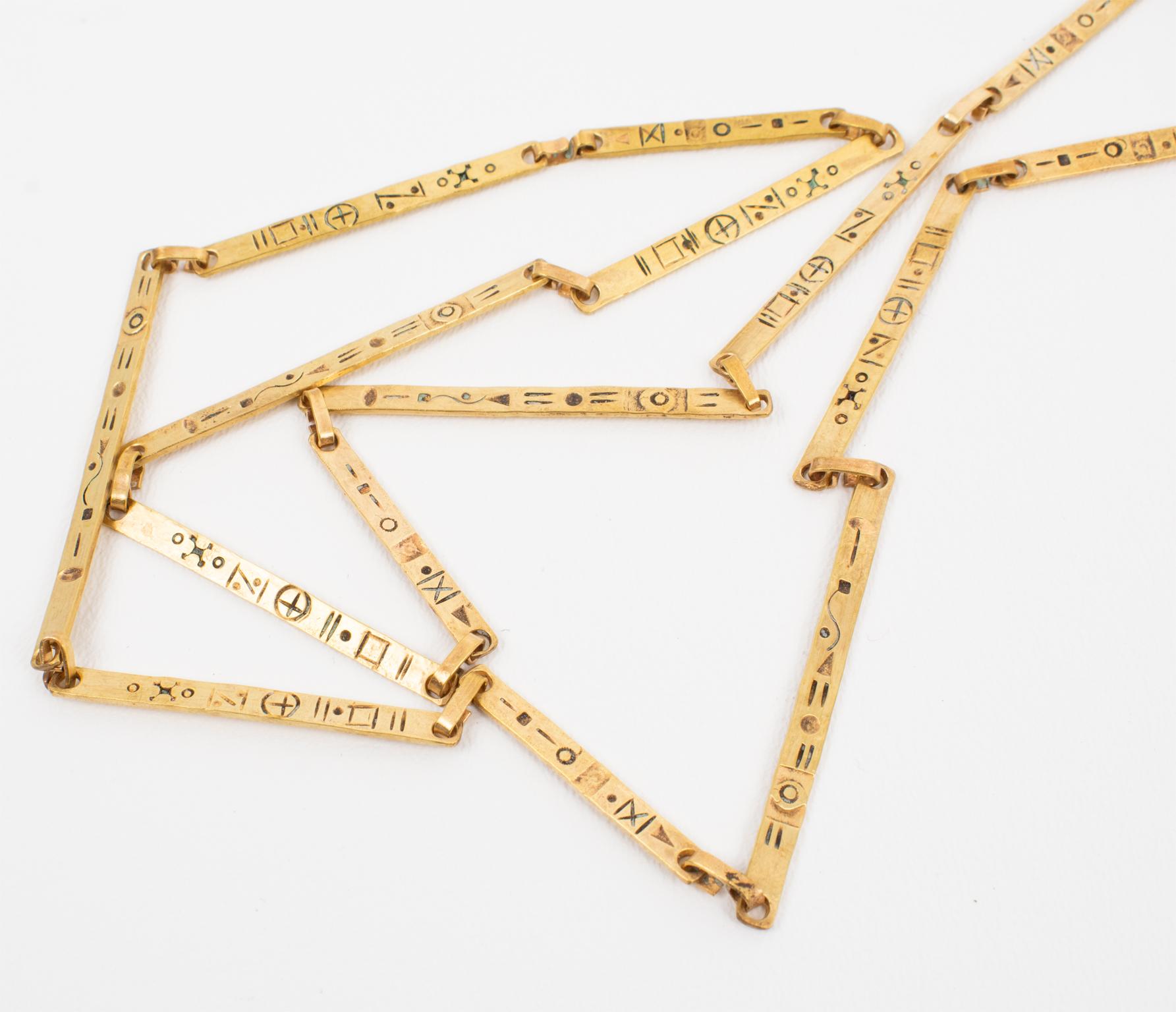 Modernist Brass and Silvered Metal Hieroglyph Ethnic Graffiti Necklace For Sale 5