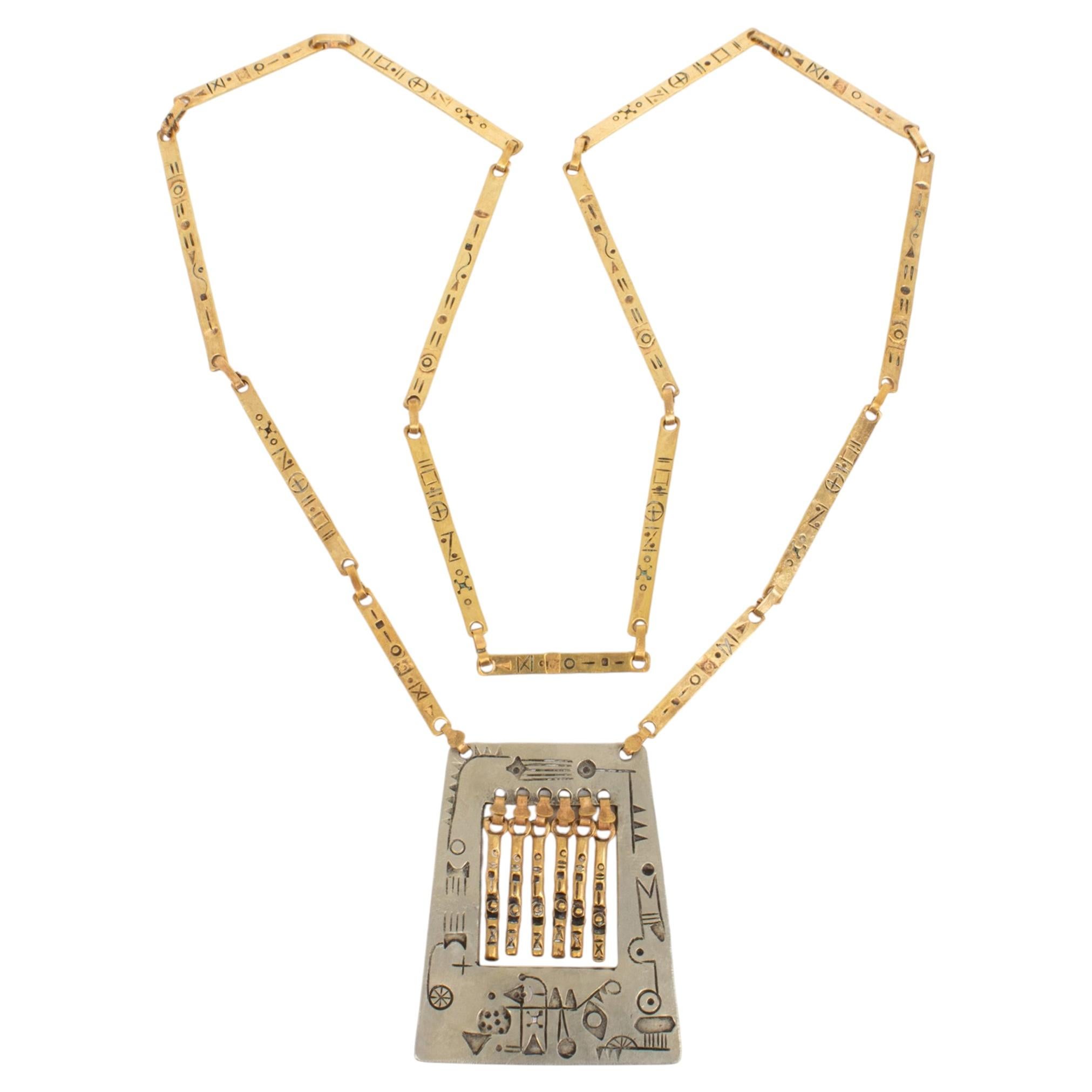 Modernist Brass and Silvered Metal Hieroglyph Ethnic Graffiti Necklace For Sale