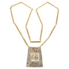 Modernist Brass and Silvered Metal Hieroglyph Ethnic Graffiti Necklace