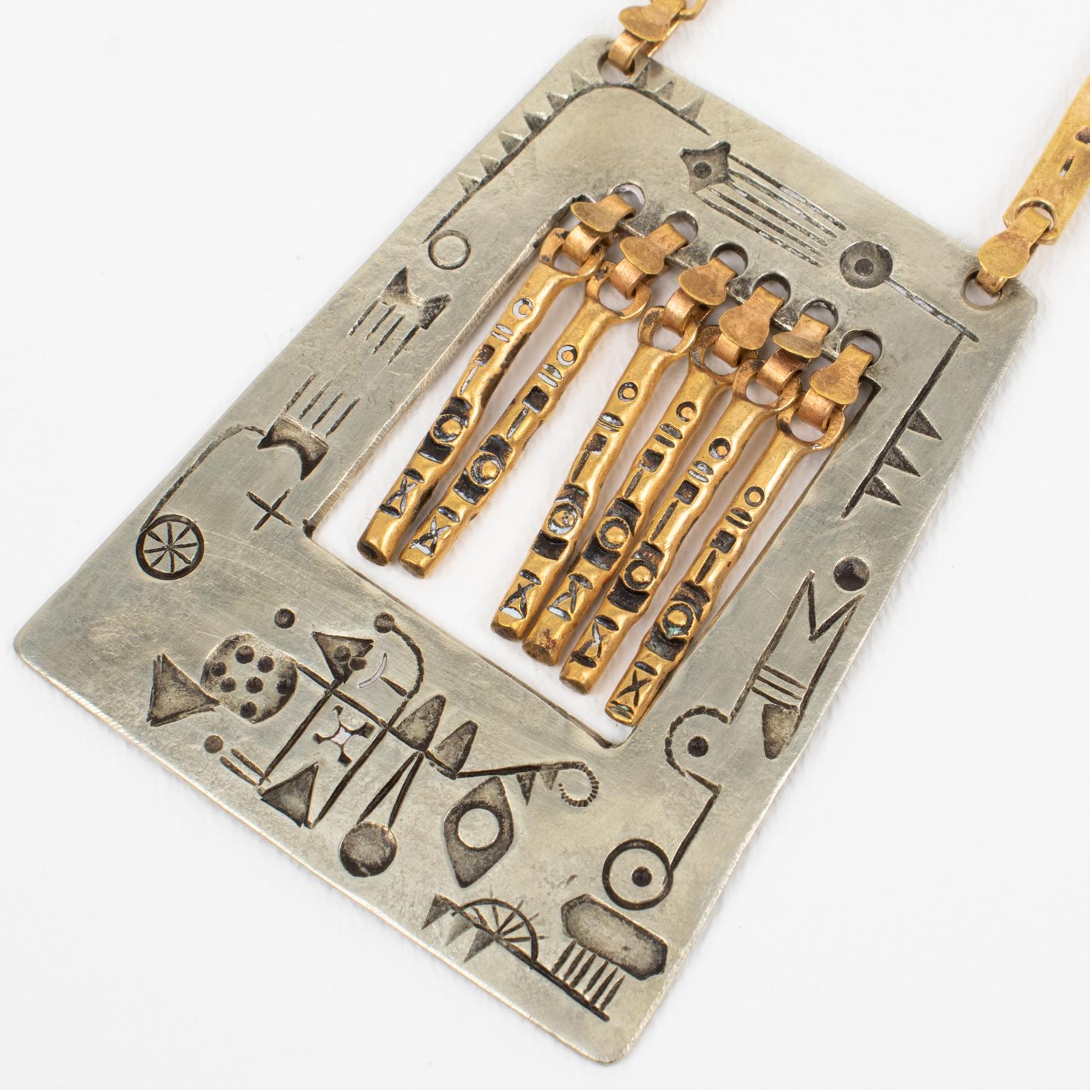 Modernist Brass and Silvered Metal Hieroglyph or Ethnic Graffiti Necklace, 1960s For Sale 3