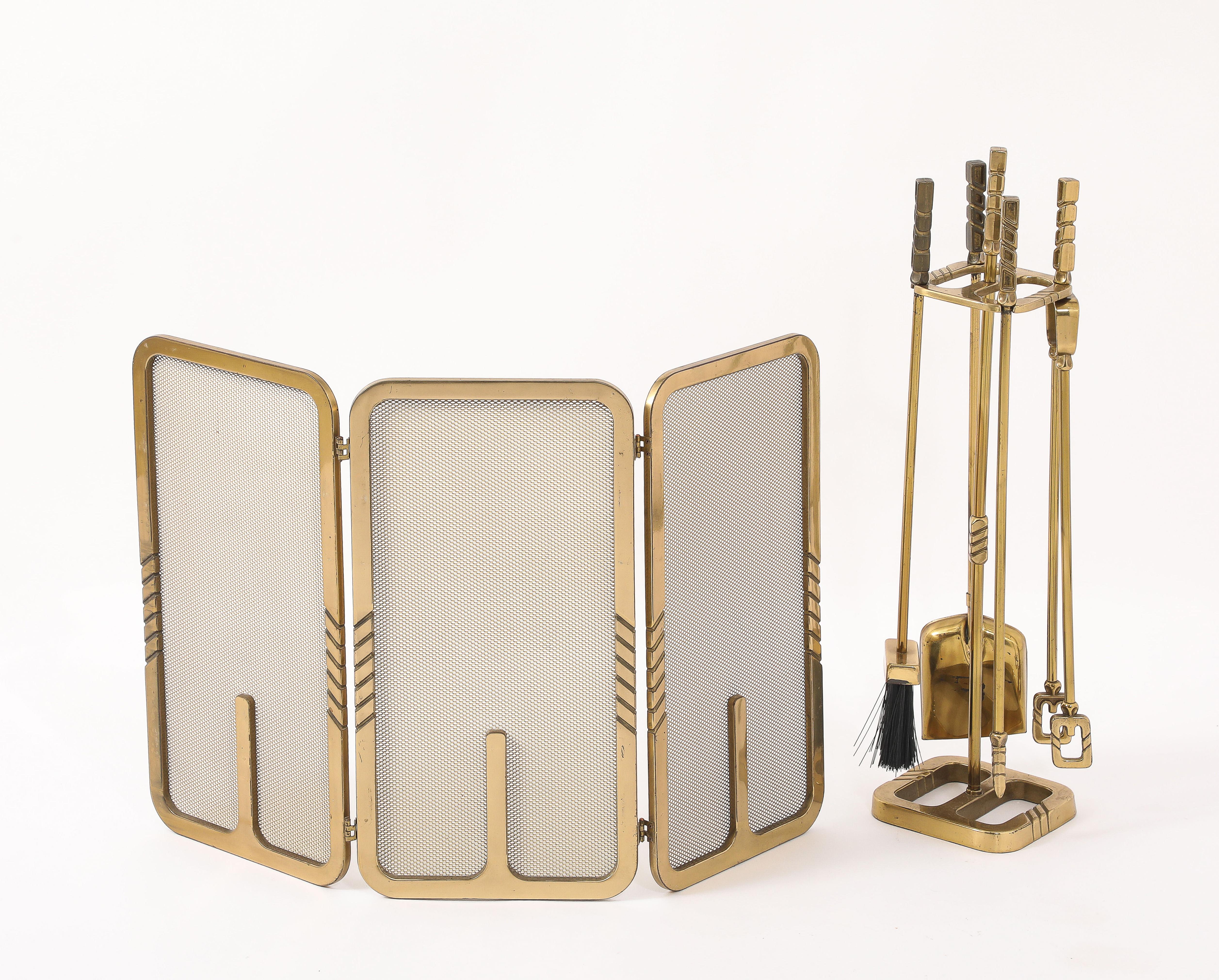 Modernist Brass Andirons, Screen & Toolset, Italy 1960's For Sale 9