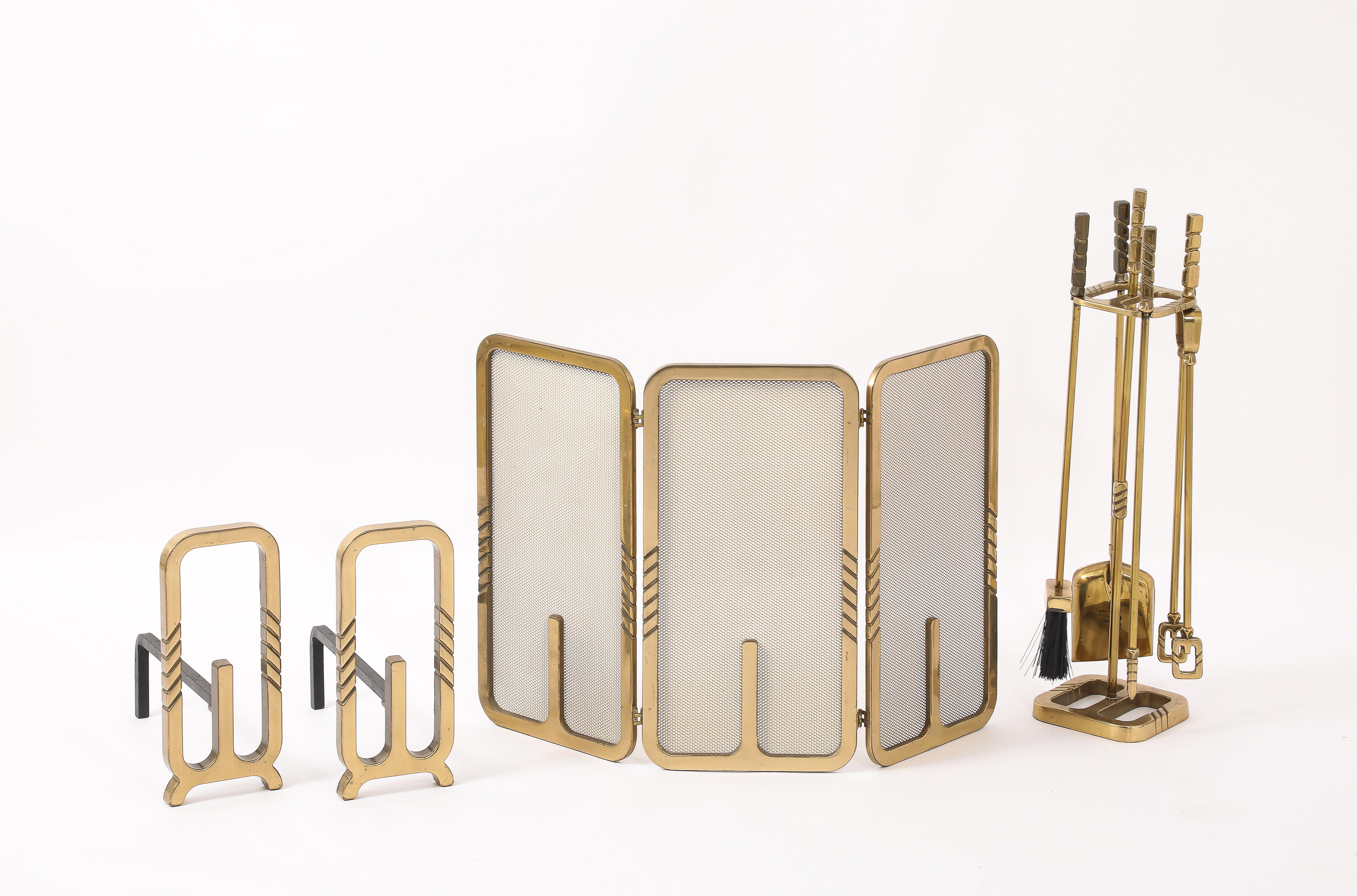 Modernist Brass Andirons, Screen & Toolset, Italy 1960's For Sale 10